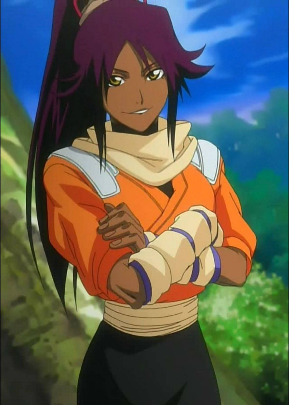 Yoruichi Shihouin, purple hair, orange top, HD Phone Wallpaper