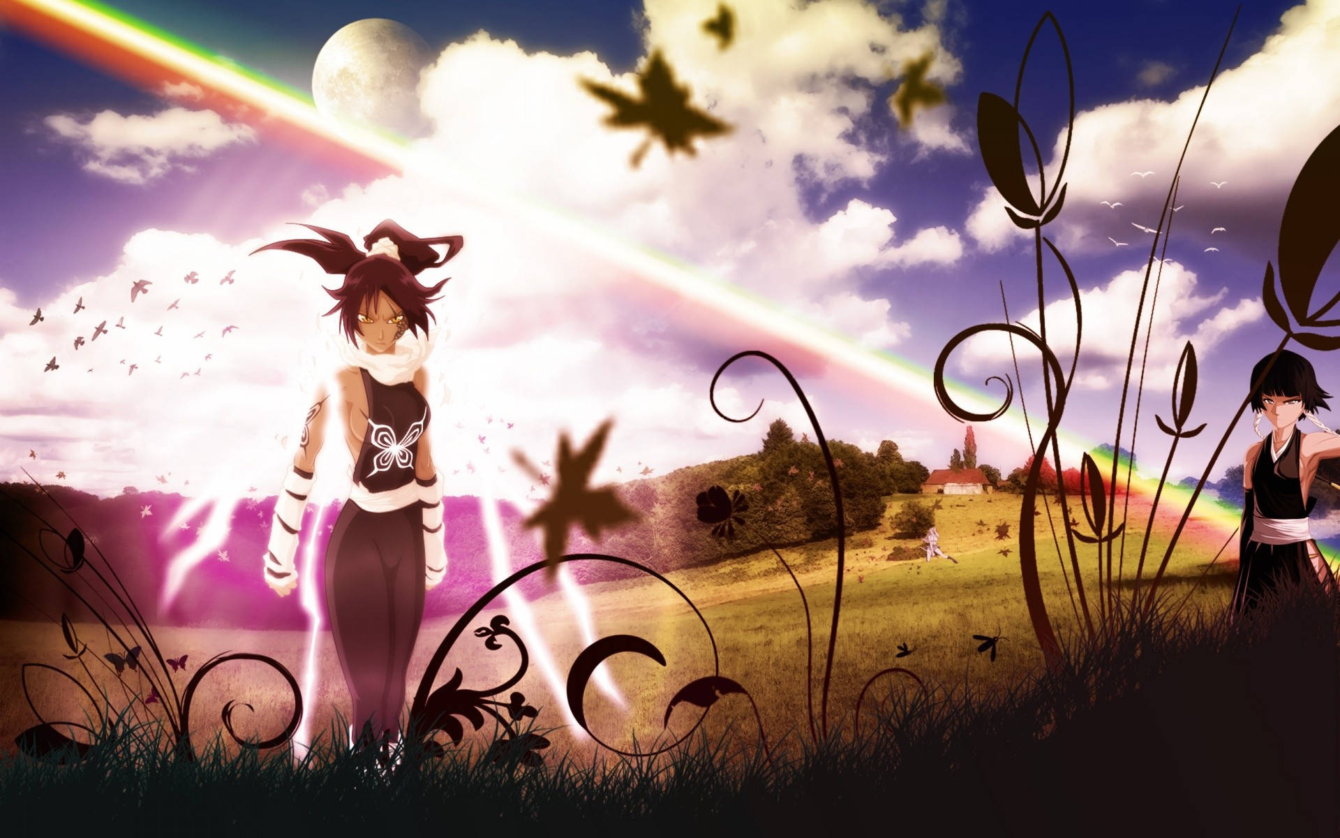Yoruichi Shihouin, rainbow, full moon, Full HD Desktop Wallpaper