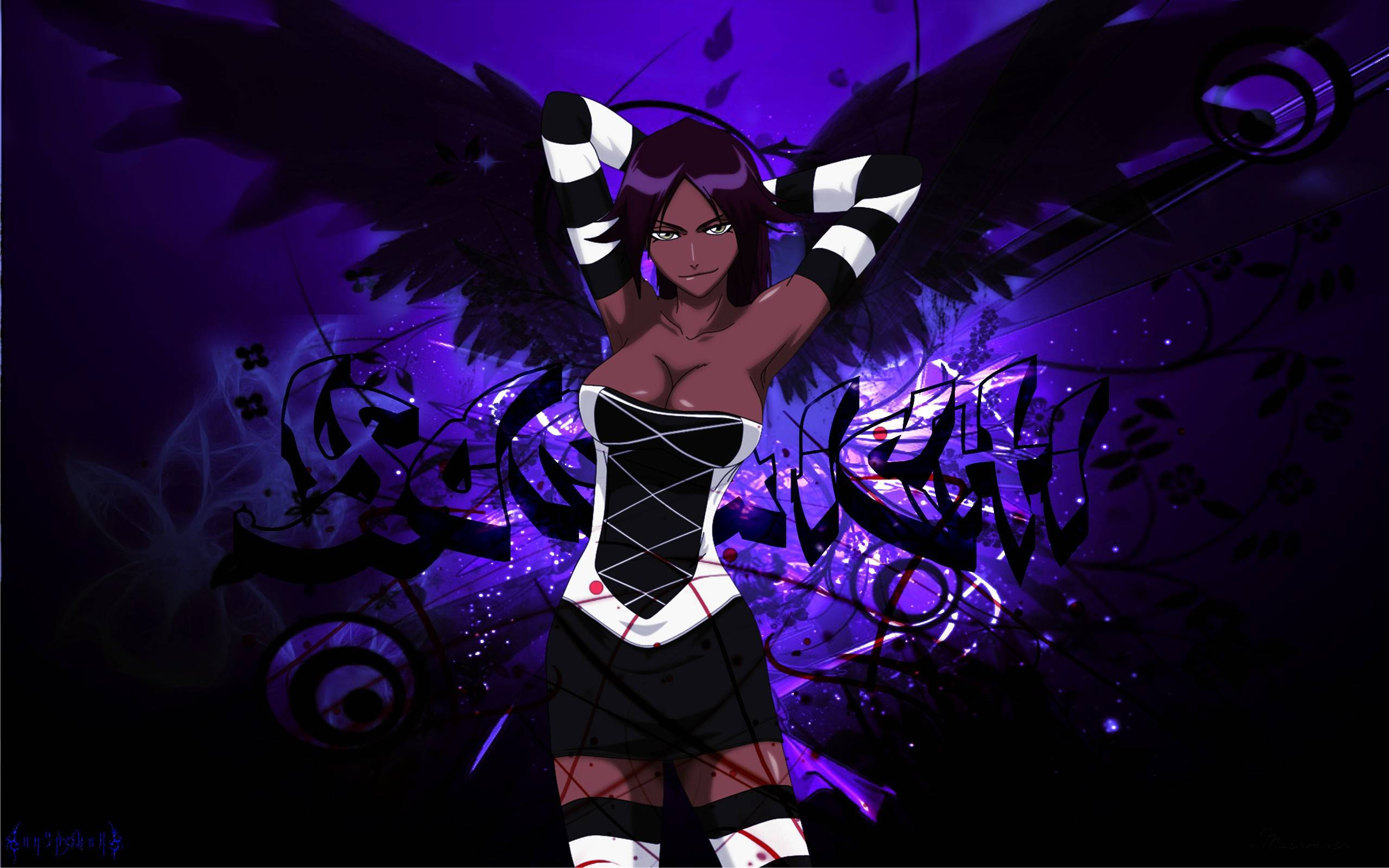 Yoruichi Shihouin, black wings, striped outfit, 2K Desktop Wallpaper