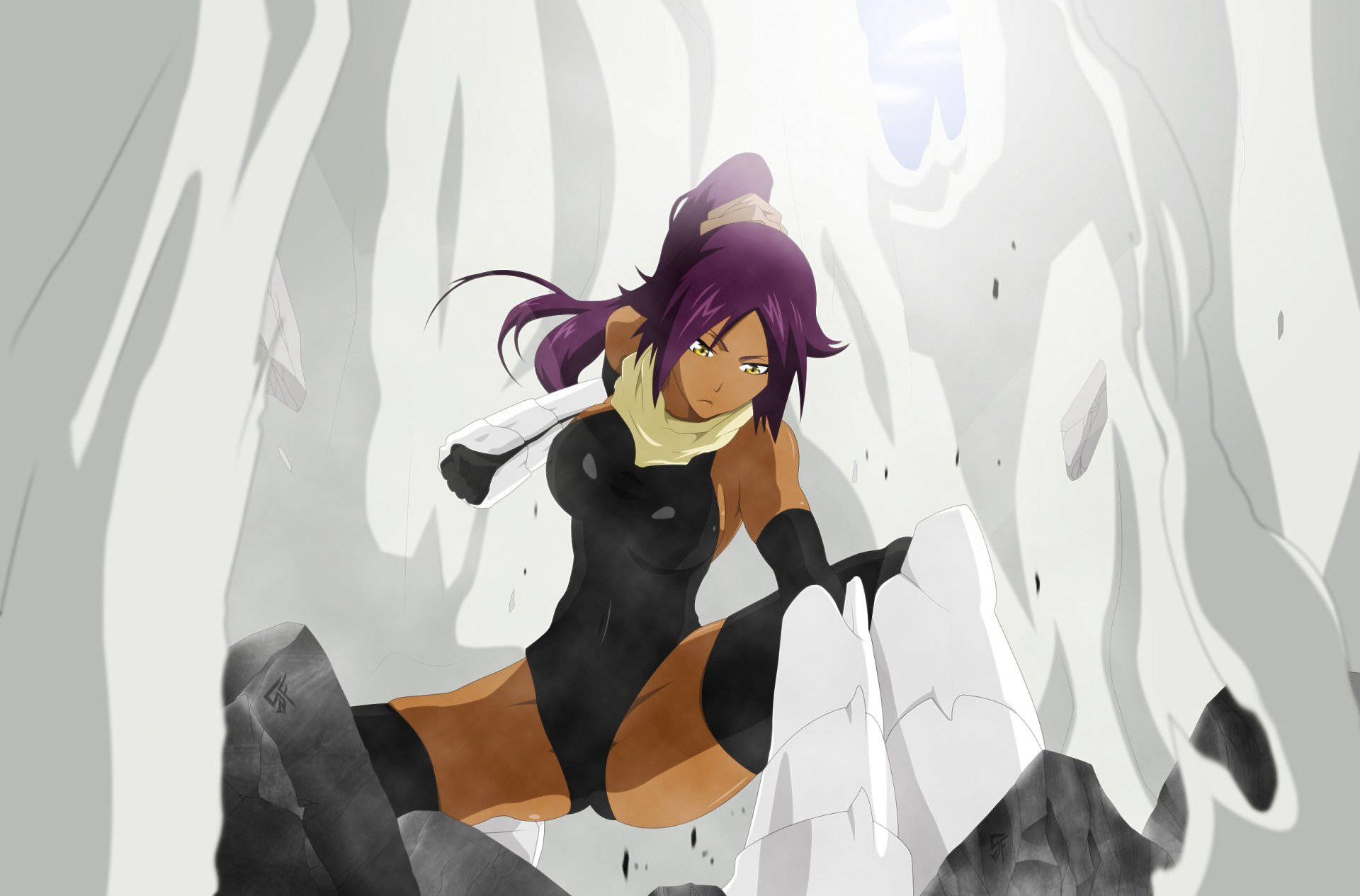 Yoruichi Shihouin, purple hair, black outfit, Full HD Desktop Wallpaper