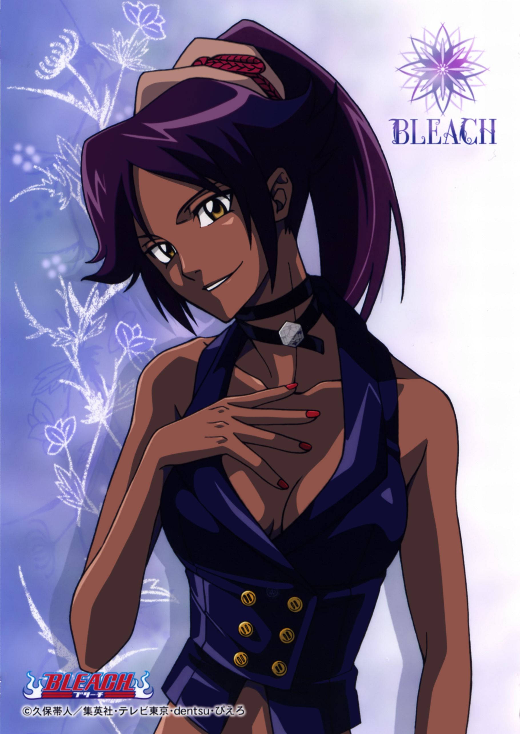 Yoruichi Shihouin, purple hair, golden eyes, 2K Phone Wallpaper