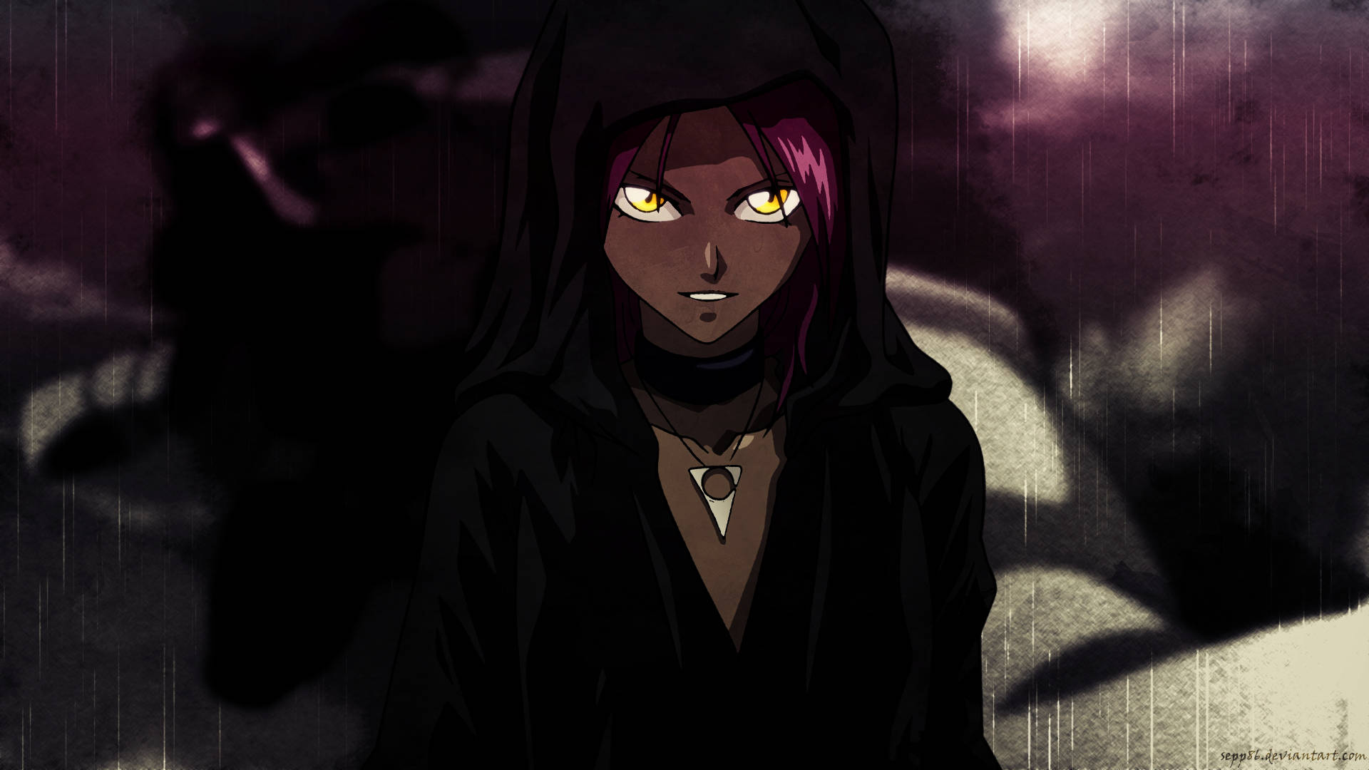 Yoruichi Shihouin, glowing yellow eyes, rainy, Full HD Desktop Wallpaper