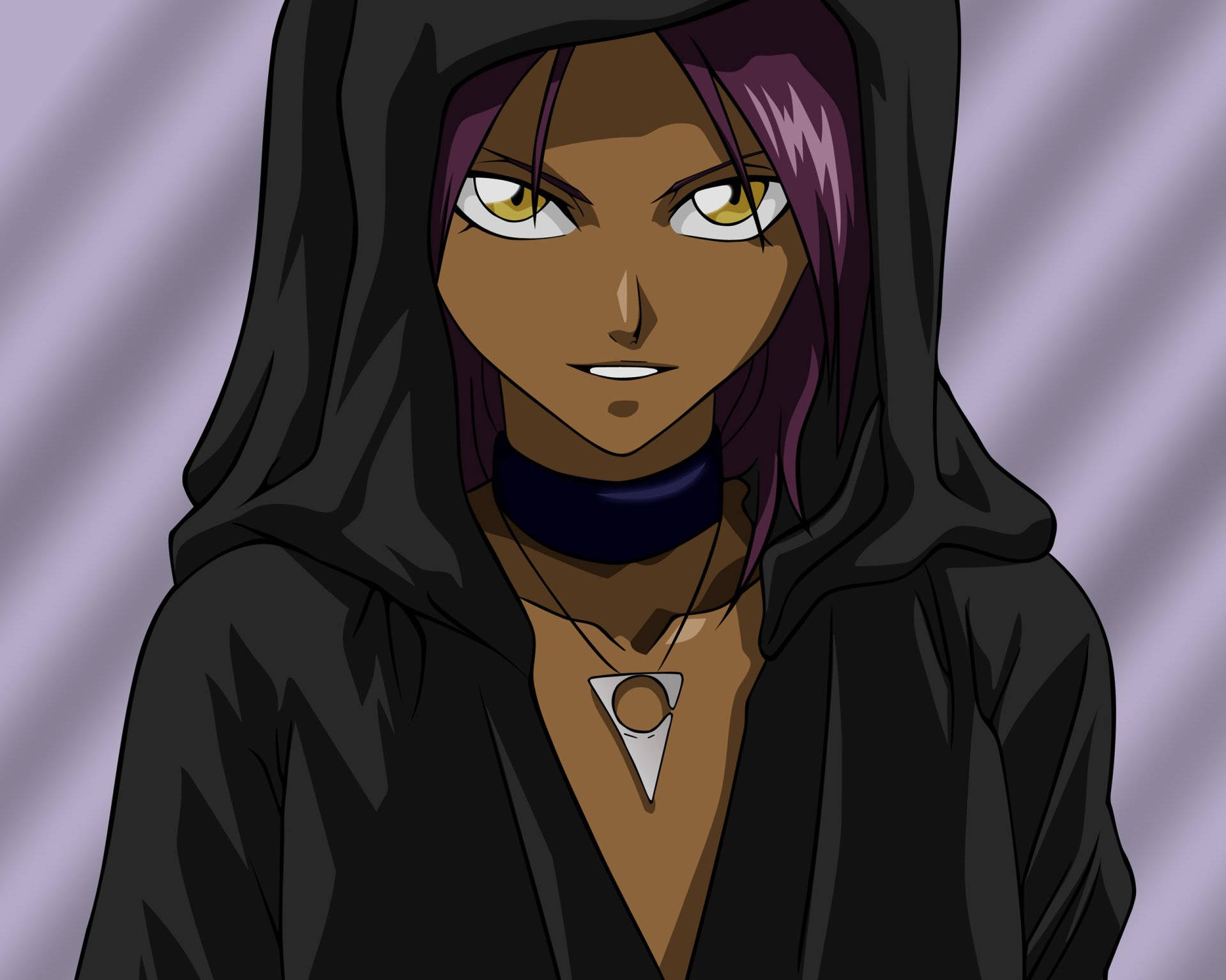 Yoruichi Shihouin, black hooded cloak, purple hair, Full HD Desktop Wallpaper