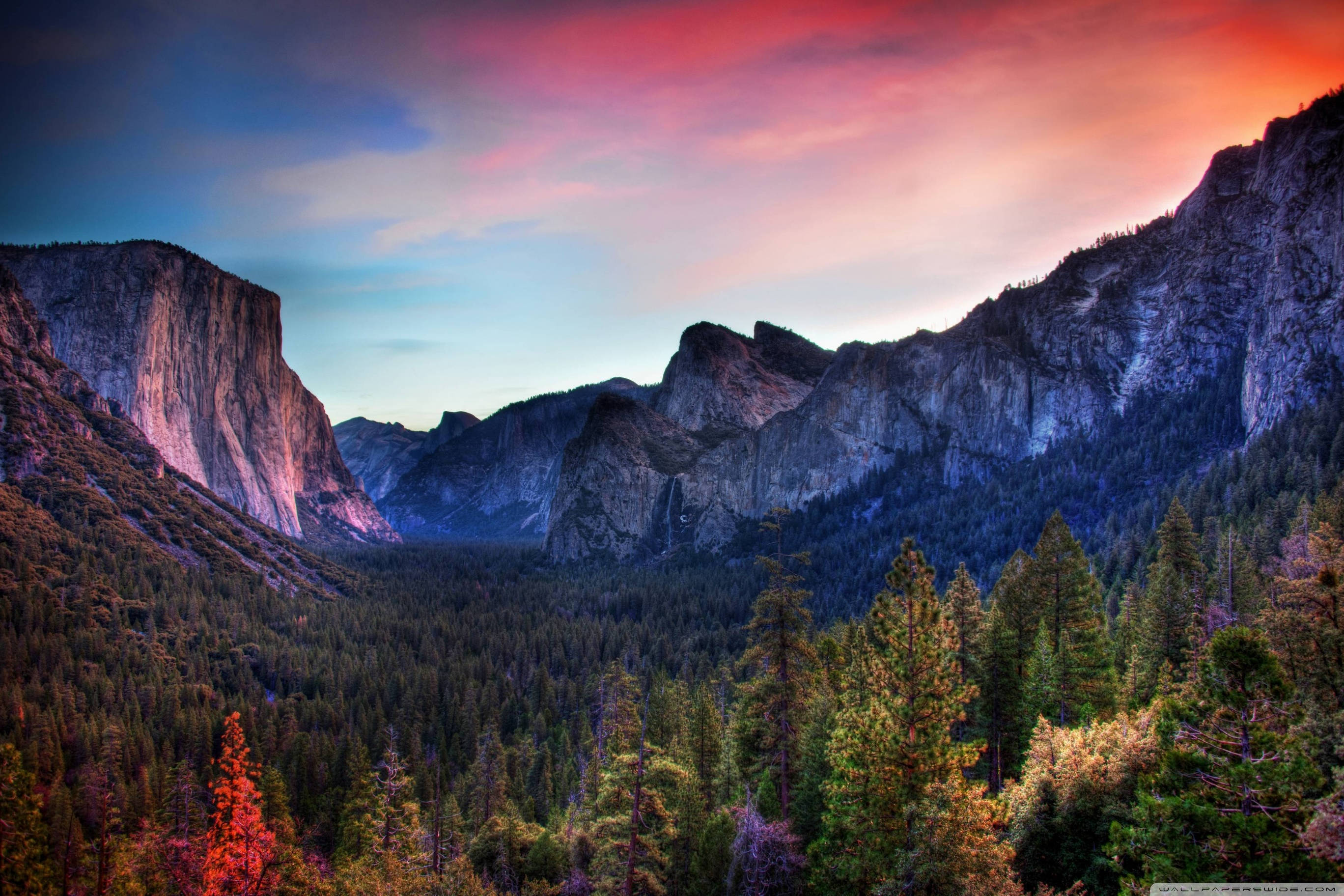 Yosemite National Park, sunset, pink sky, 2K Desktop Wallpaper