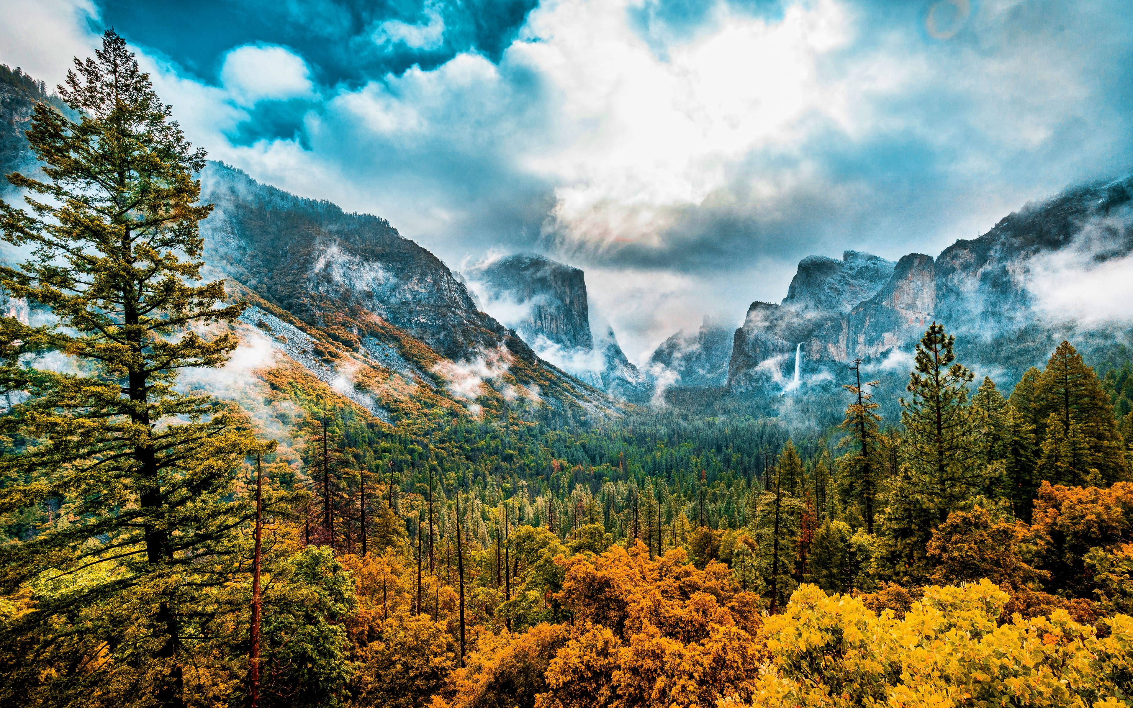Yosemite National Park, autumn trees, mist, 4K Desktop Wallpaper