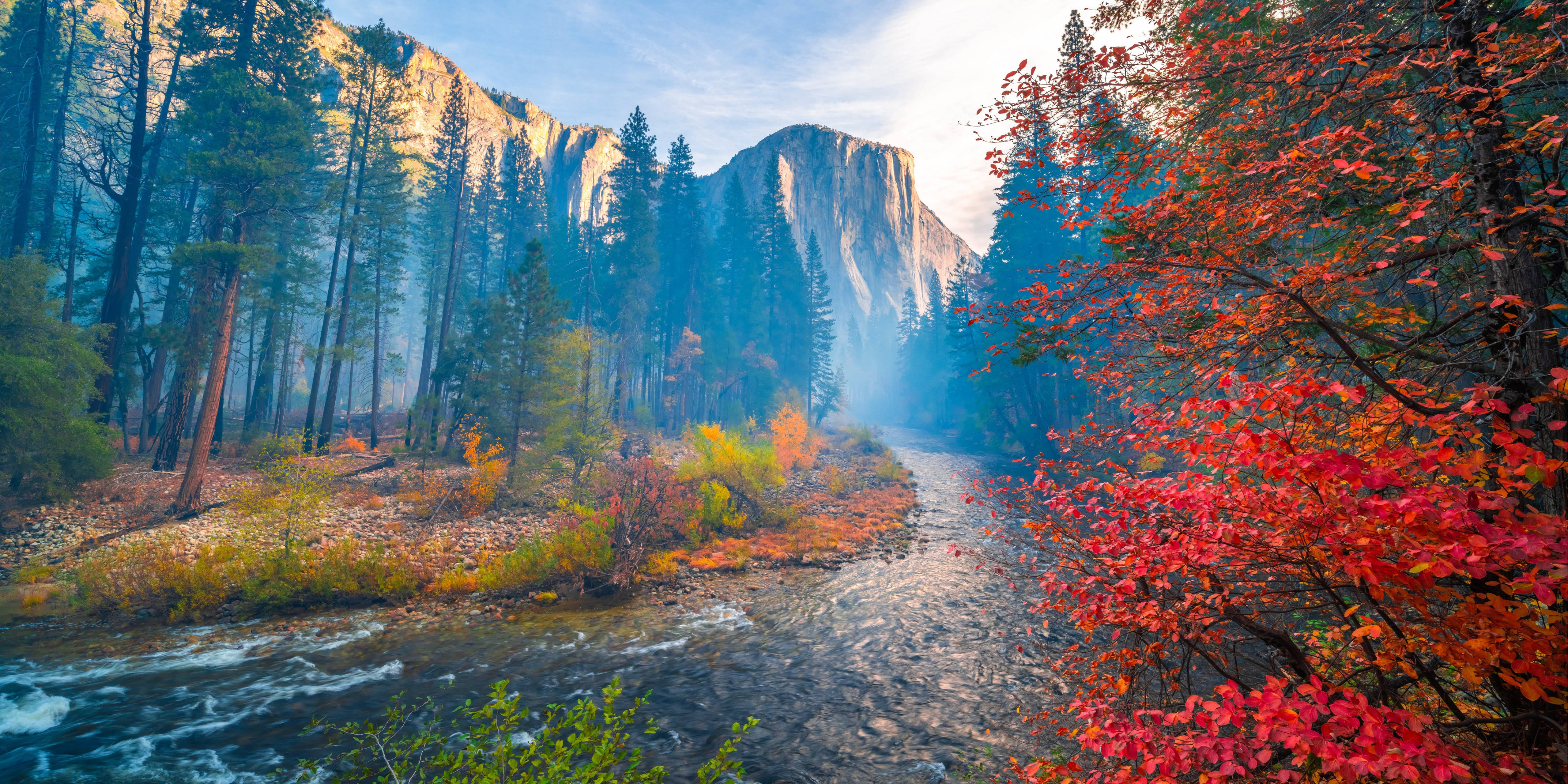 Yosemite National Park, autumn river, fiery red leaves, 5K Desktop Wallpaper