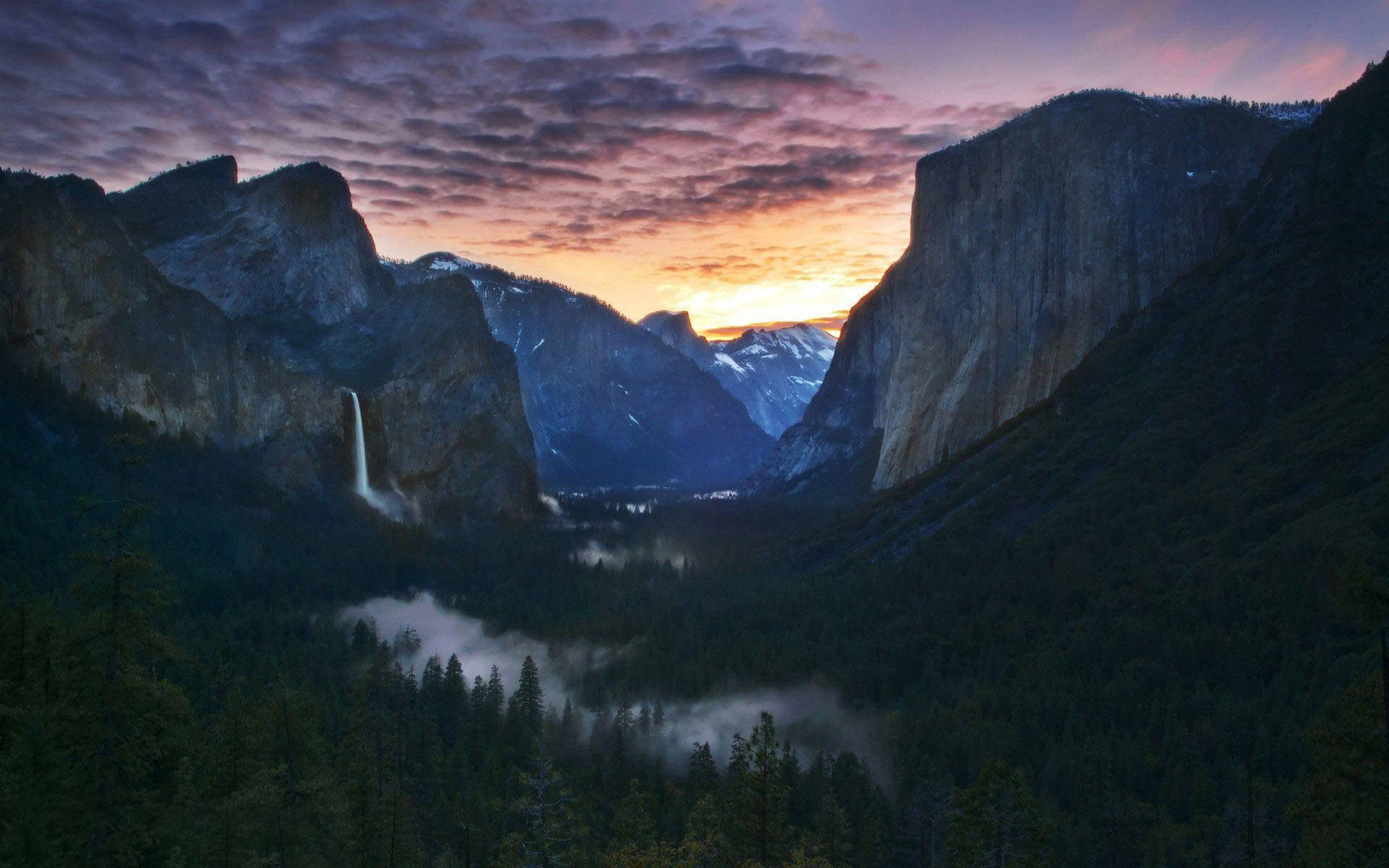 Yosemite National Park, sunset, towering cliffs, Full HD Desktop Wallpaper
