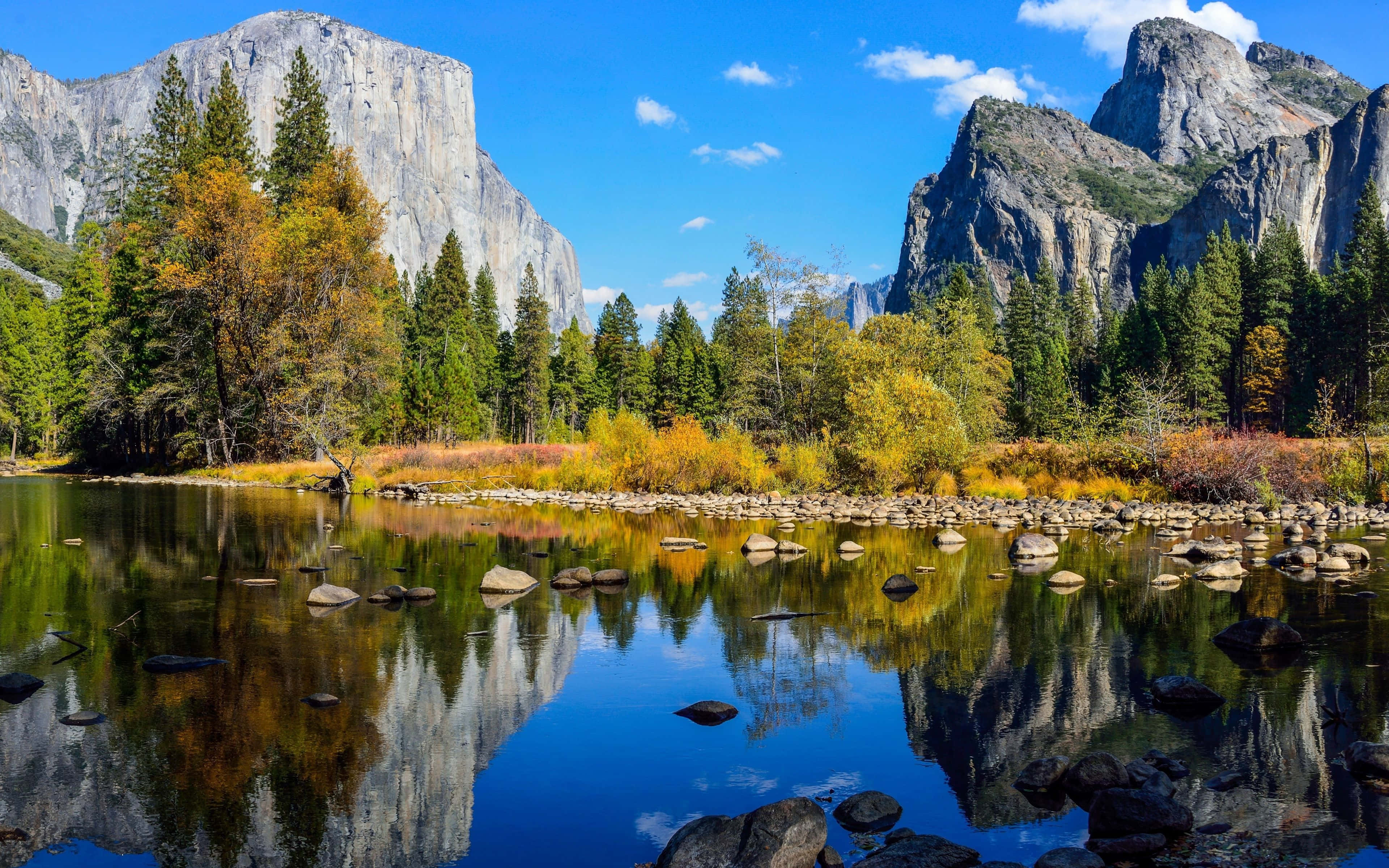 Yosemite National Park, autumn river, granite cliffs, 4K Desktop Wallpaper
