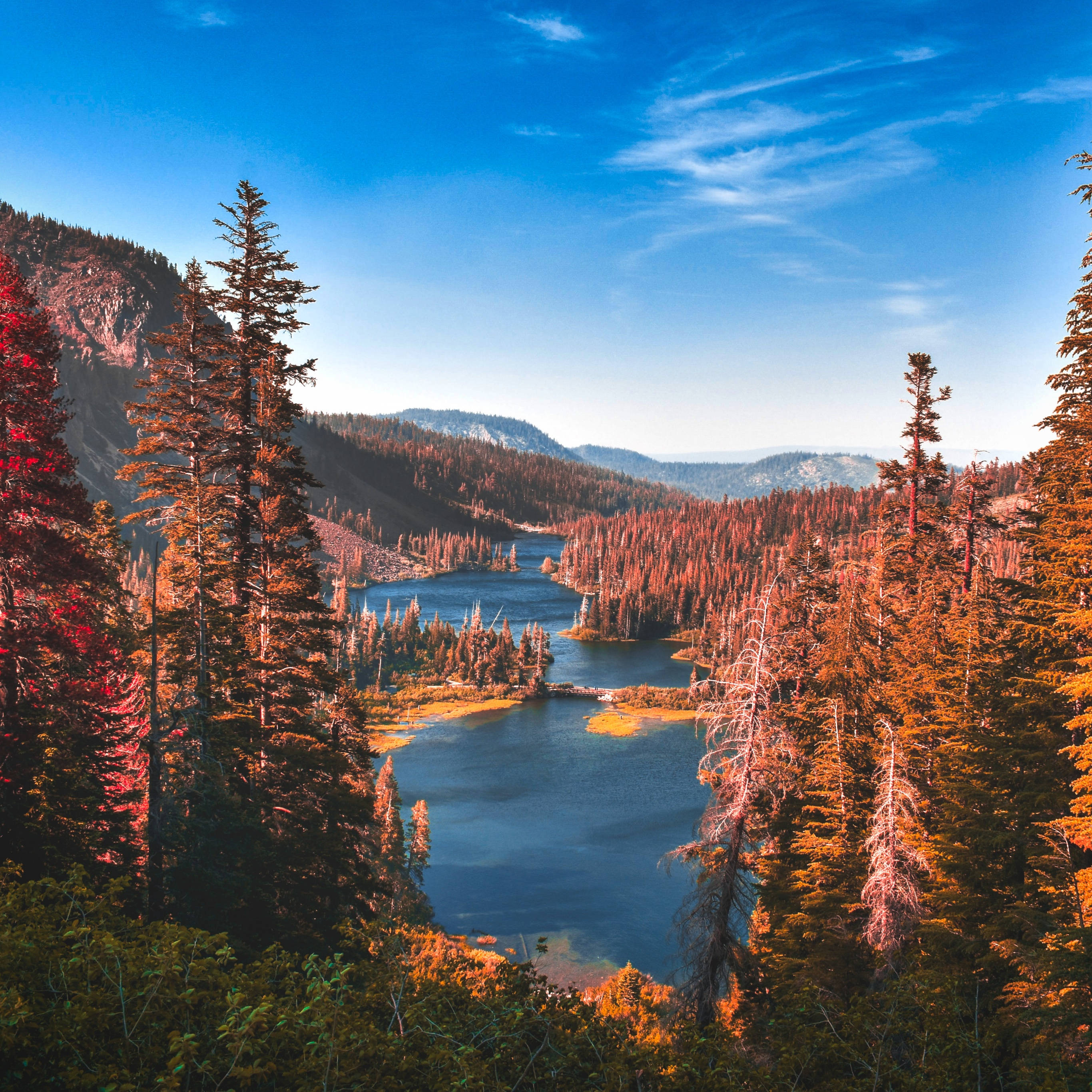 Yosemite National Park, Sunset, autumn lake, 2K Desktop Wallpaper