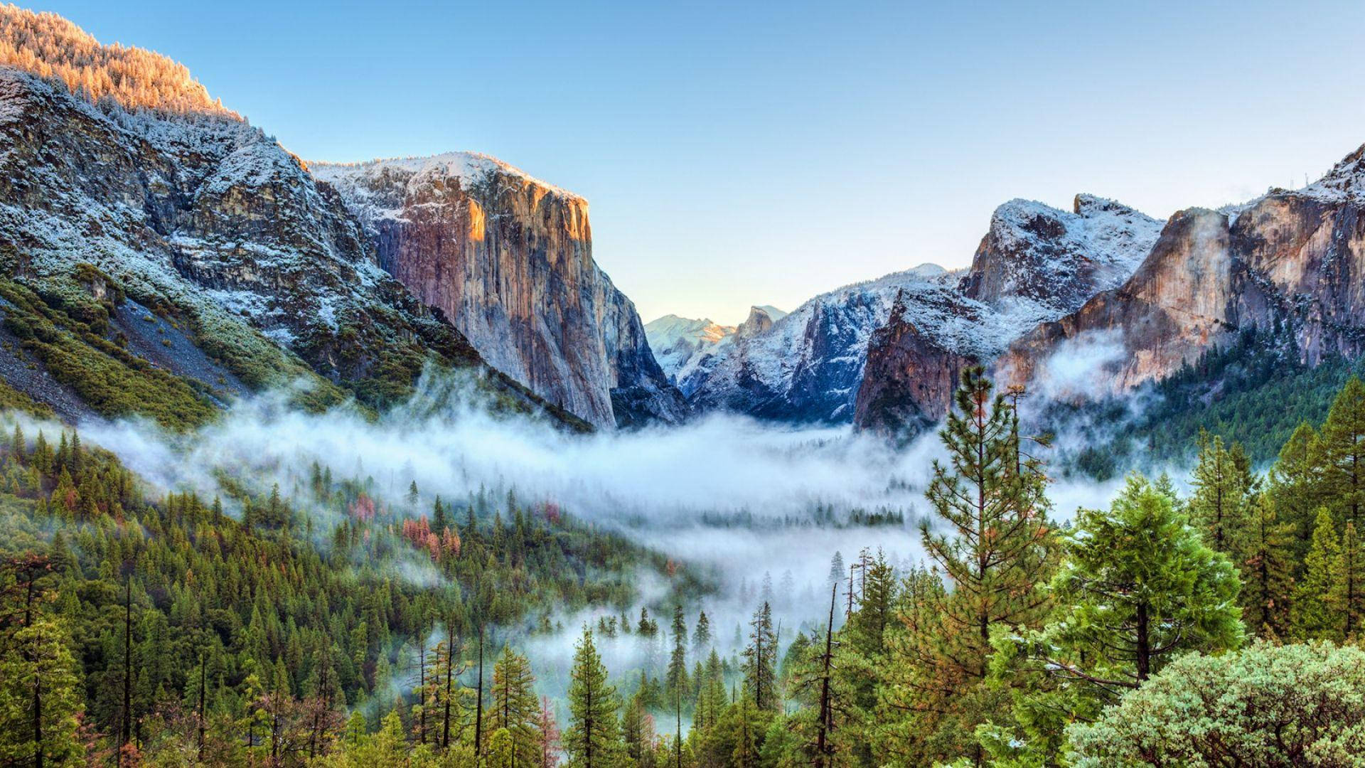 Yosemite National Park, fog, snow capped granite cliffs, Full HD Desktop Wallpaper