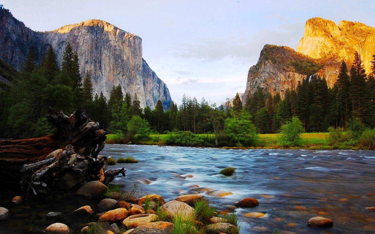 Yosemite National Park, golden sunset, serene river, HD Desktop Wallpaper
