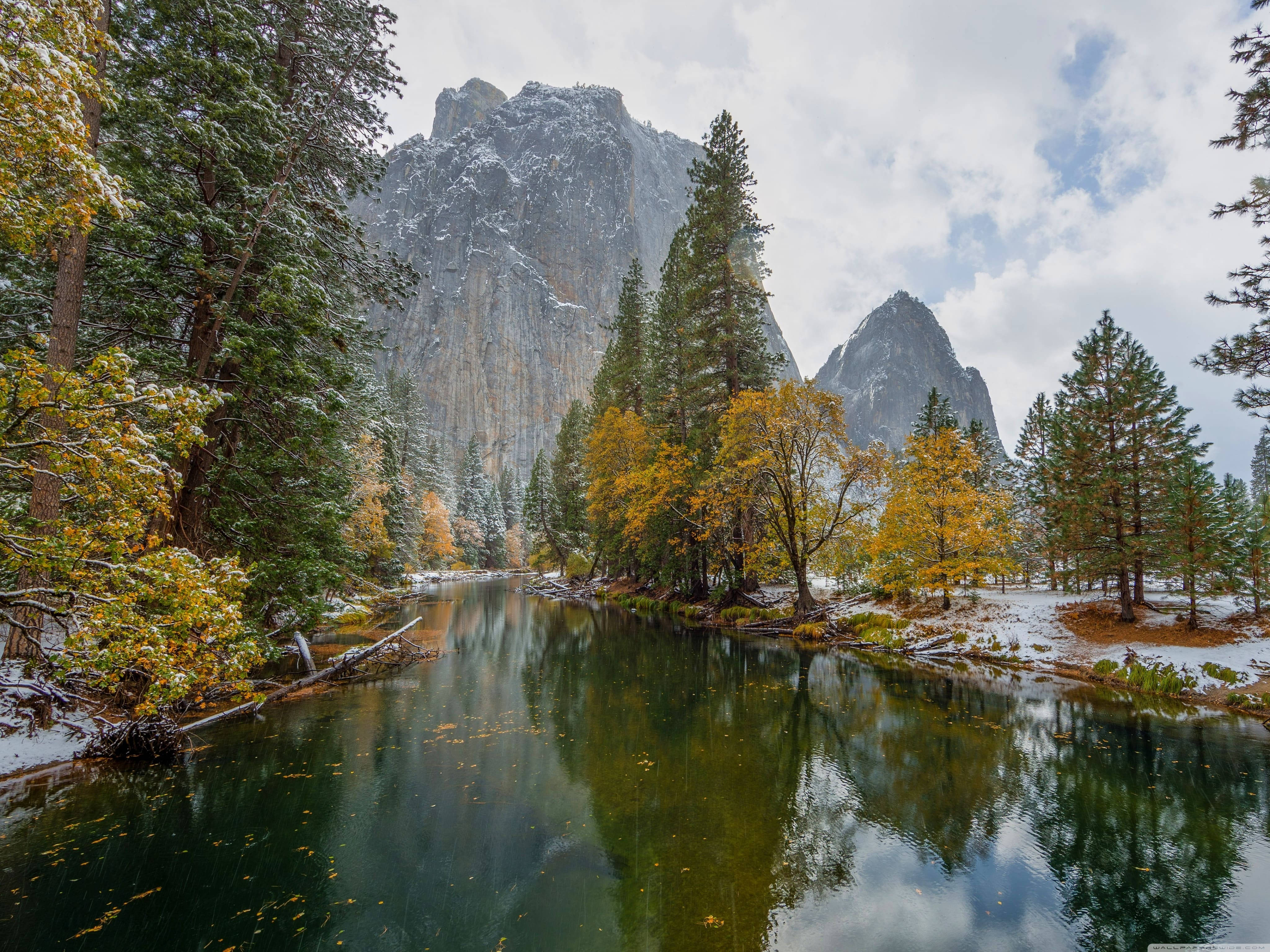 Yosemite National Park, winter, snow-dusted granite cliffs, 4K Desktop Wallpaper