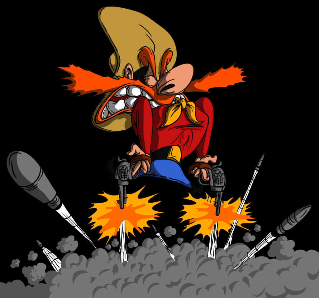 Yosemite Sam, rocket-powered horse, smoke-filled sky, SD Desktop Wallpaper