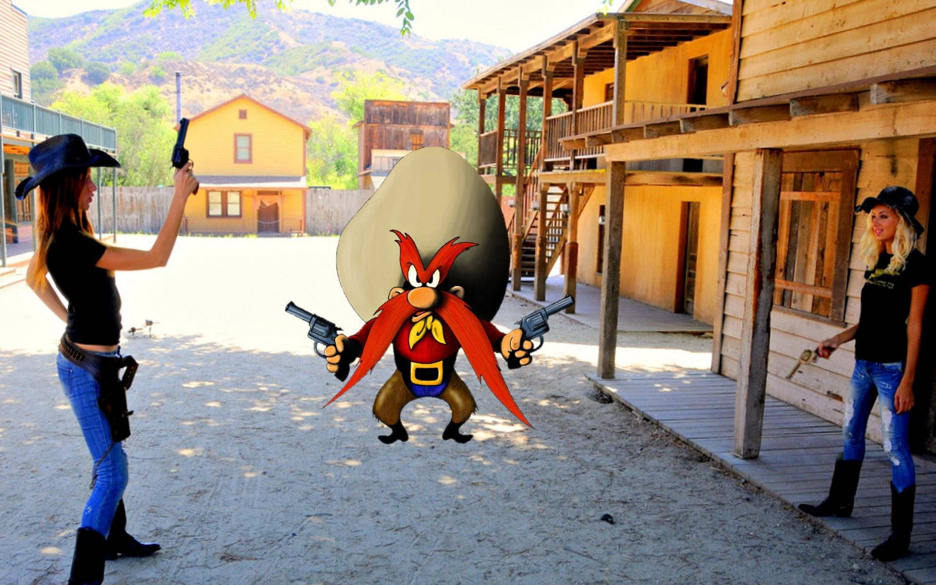 Yosemite Sam, cowgirls, dusty Western town, Full HD Desktop Wallpaper
