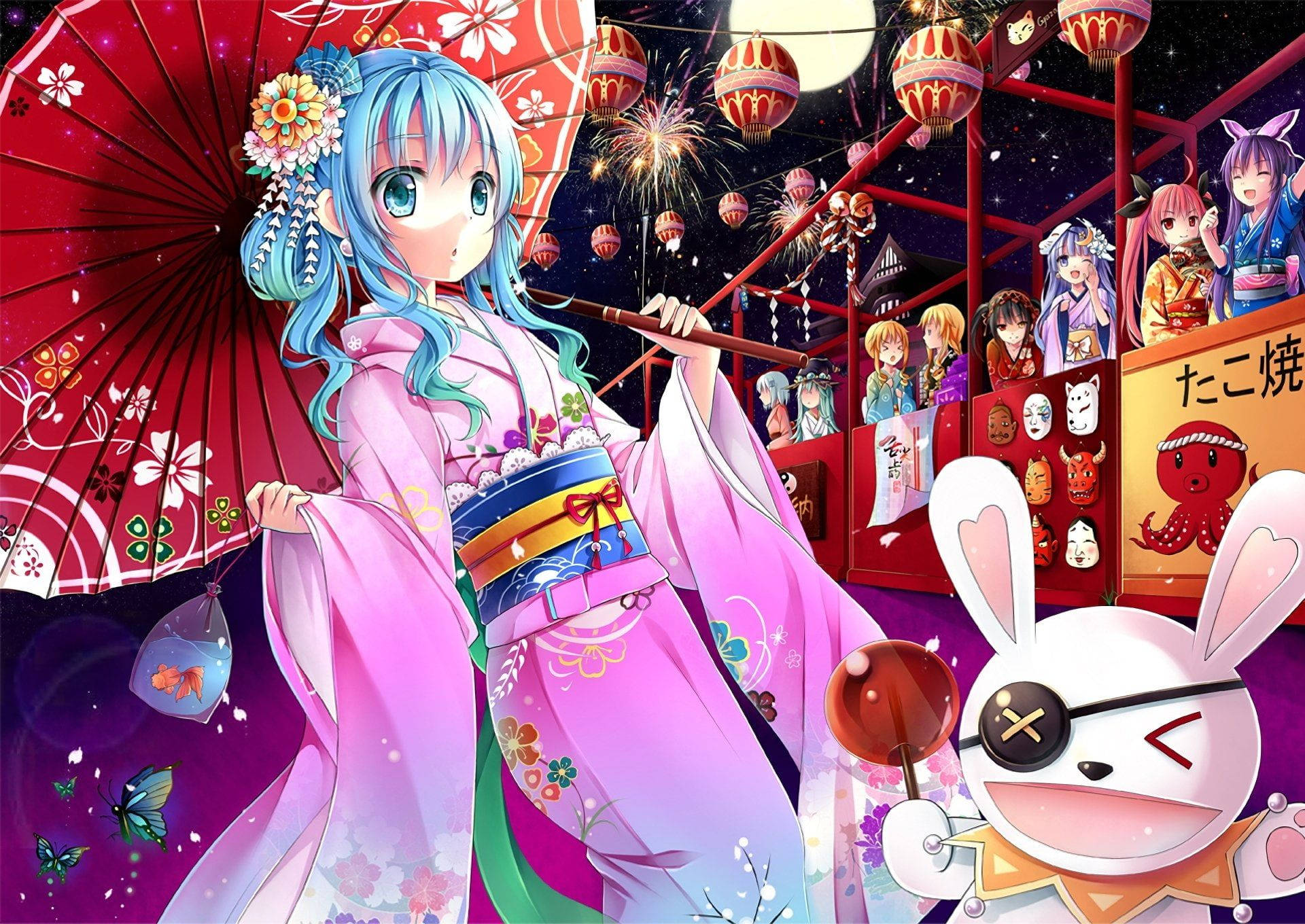 Yoshino Himekawa, pink kimono, red umbrella, Full HD Desktop Wallpaper