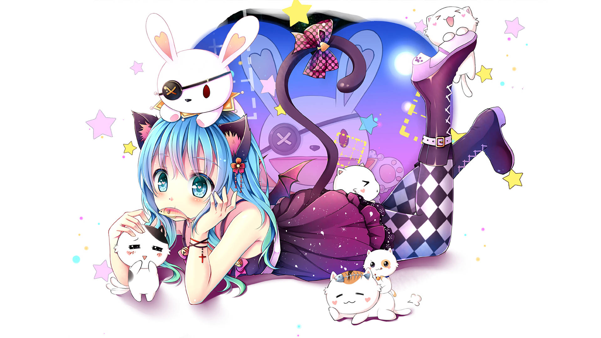 Yoshino Himekawa, cat ears, rabbit plushie, Full HD Desktop Wallpaper