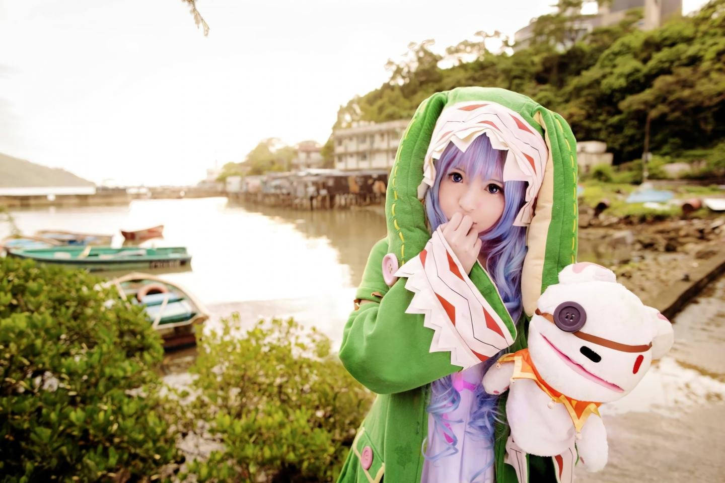 Yoshino Himekawa, green dinosaur-themed hoodie, purple wig, HD Desktop Wallpaper