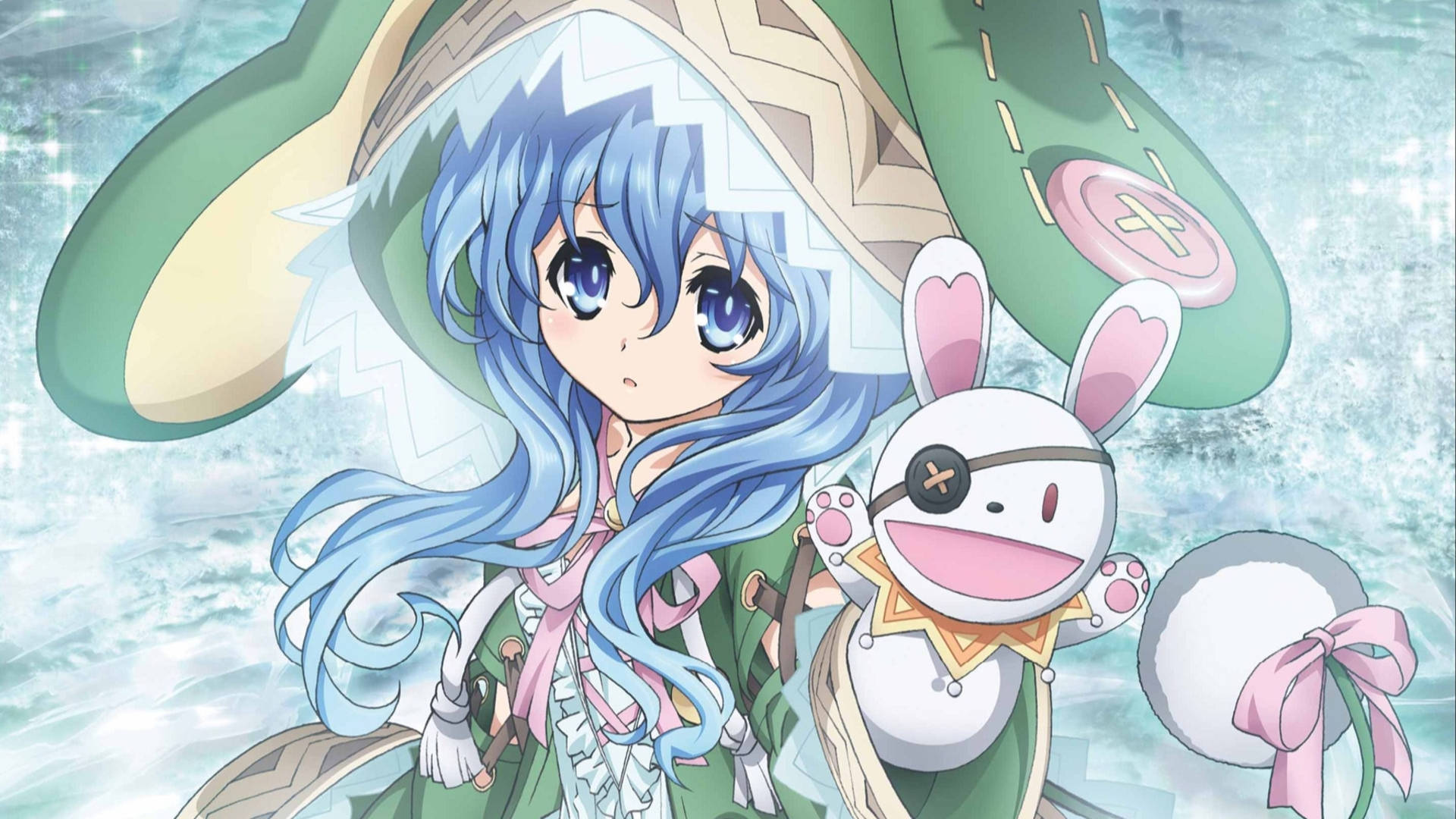 Yoshino Himekawa, blue-haired anime girl, large green hat, Full HD Desktop Wallpaper