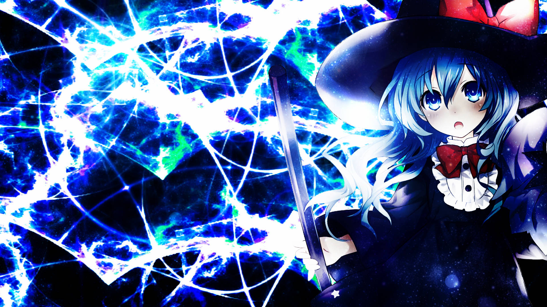 Yoshino Himekawa, blue-haired anime witch, black hat, Full HD Desktop Wallpaper