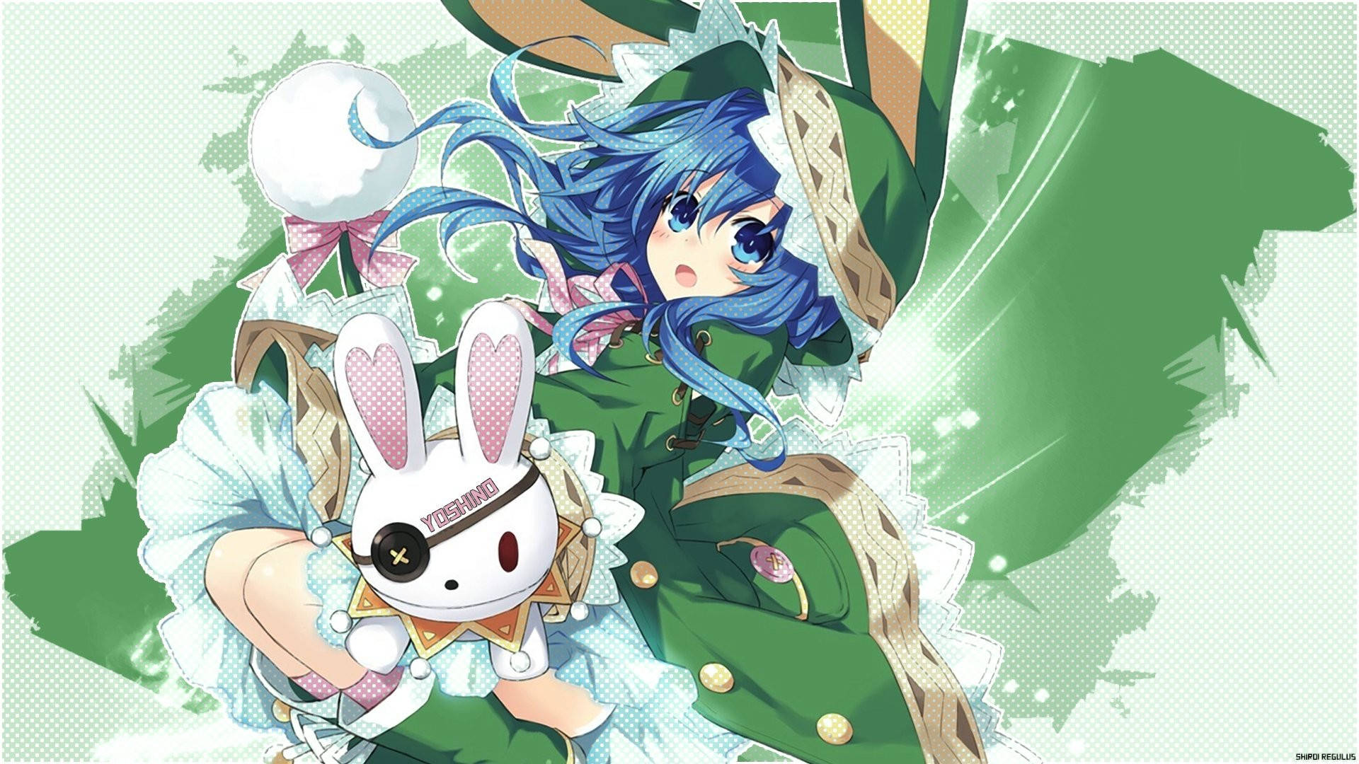 Yoshino Himekawa, green outfit, bunny plushie with an eyepatch, Full HD Desktop Wallpaper