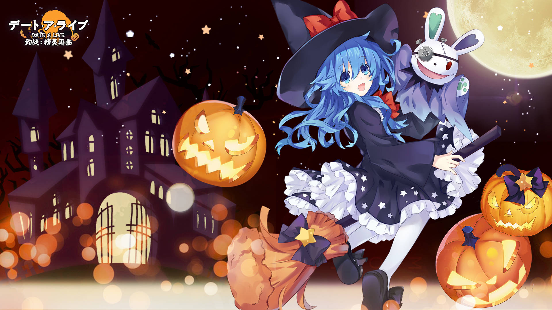 Yoshino Himekawa, blue-haired anime witch, starry dress, Full HD Desktop Wallpaper