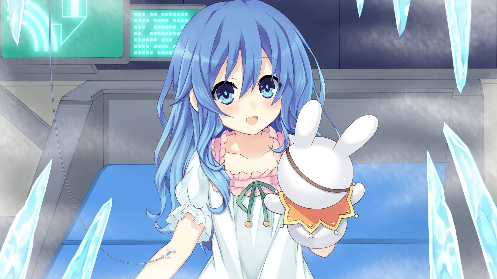 Yoshino Himekawa, blue-haired anime girl, white dress, Full HD Desktop Wallpaper