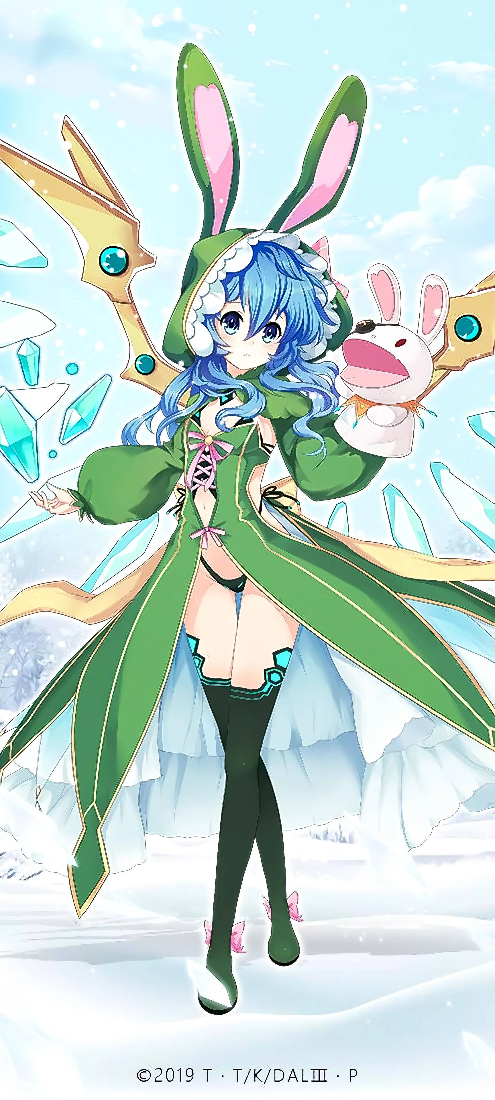 Yoshino Himekawa, blue-haired anime girl, green bunny hooded coat, 4K Phone Wallpaper