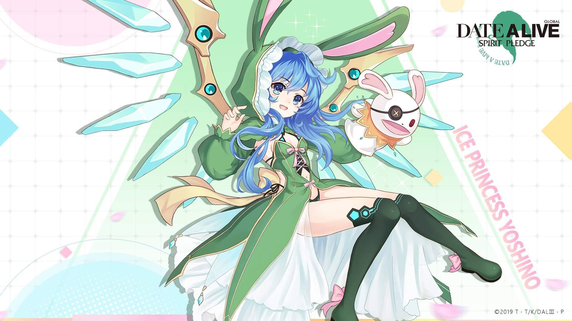 Yoshino Himekawa, blue-haired anime girl, green bunny-themed outfit, Full HD Desktop Wallpaper