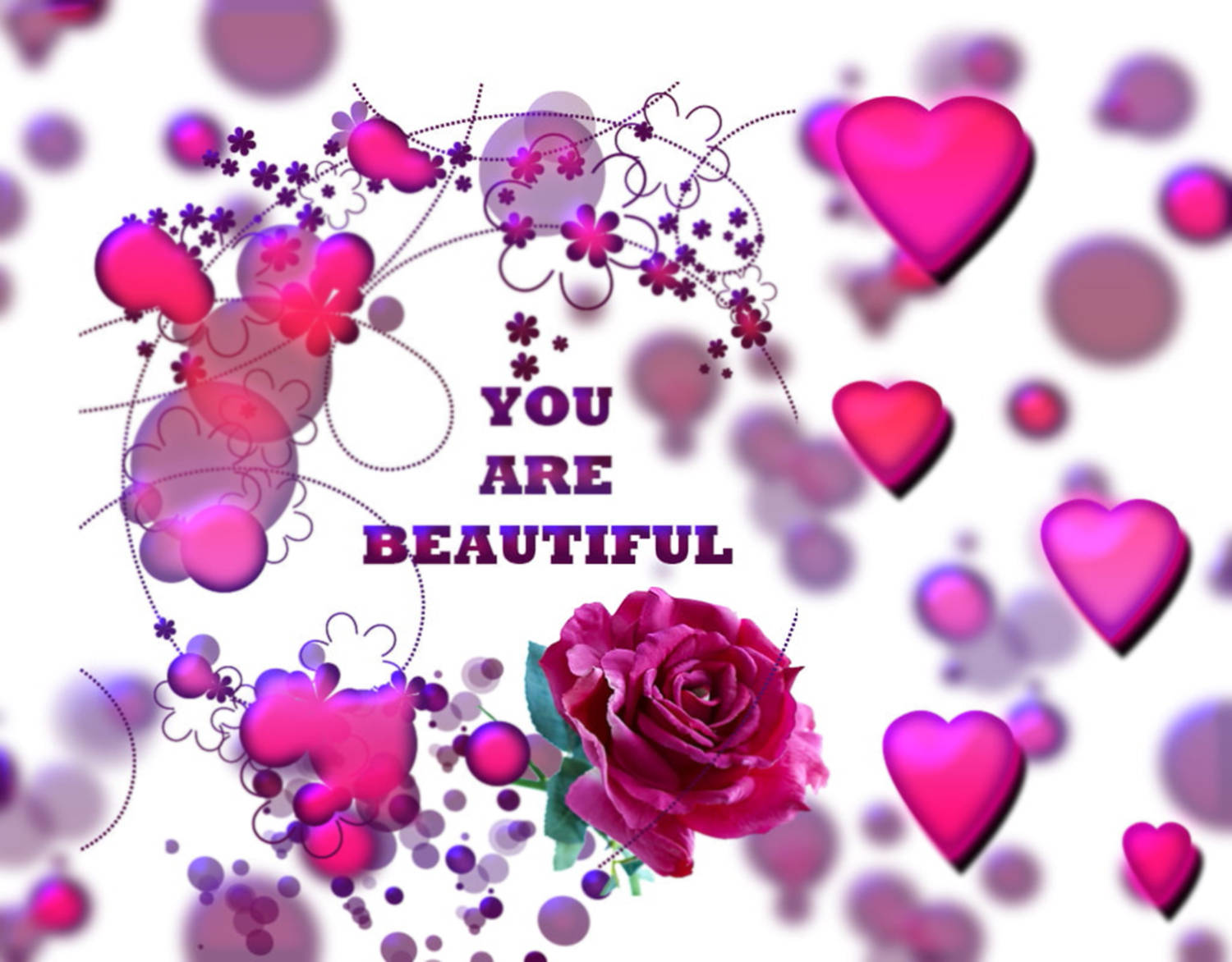 You Are Beautiful, floral hearts, vibrant pink rose, HD Desktop Wallpaper