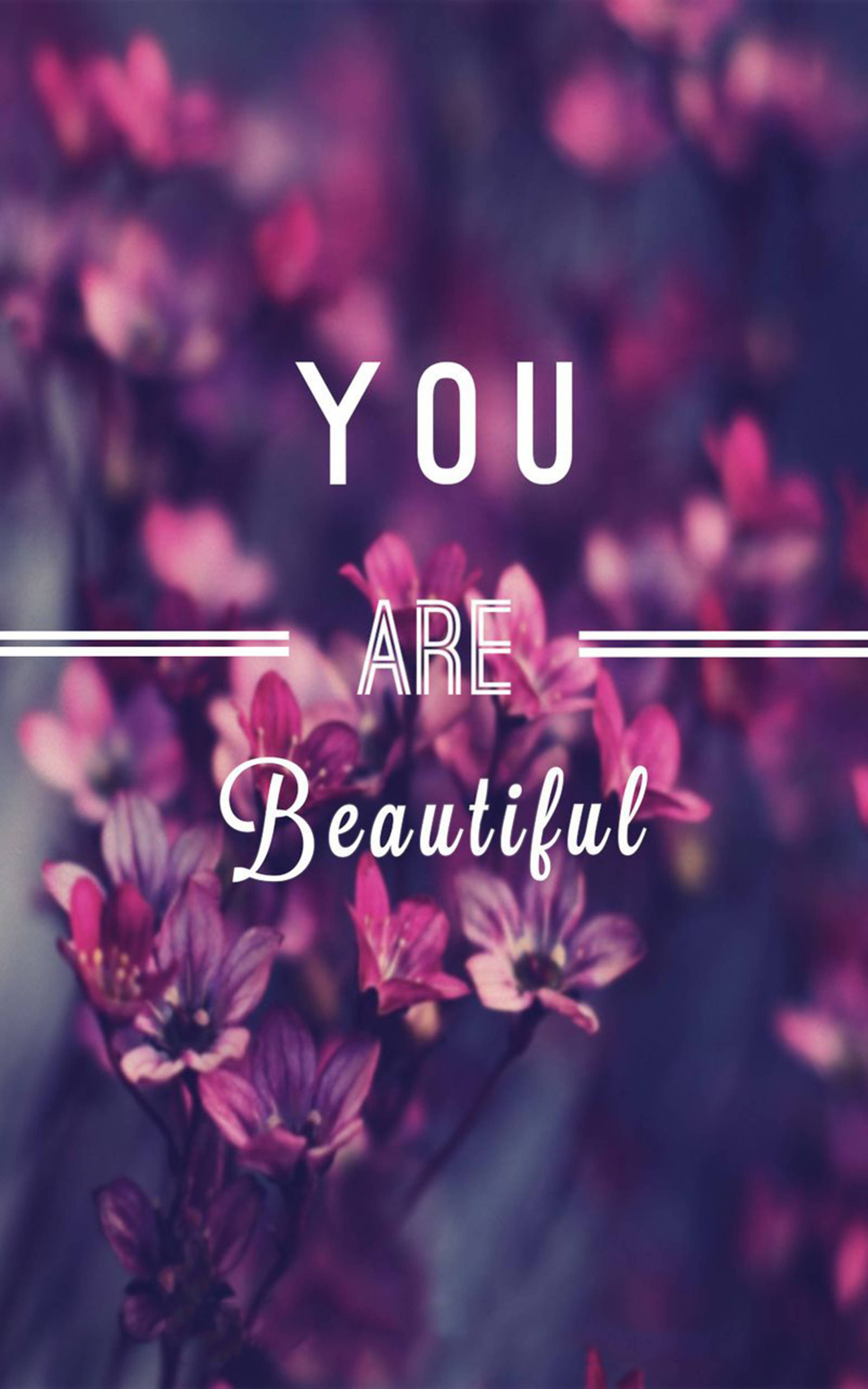 You Are Beautiful, purple flowers, white text, 2K Phone Wallpaper