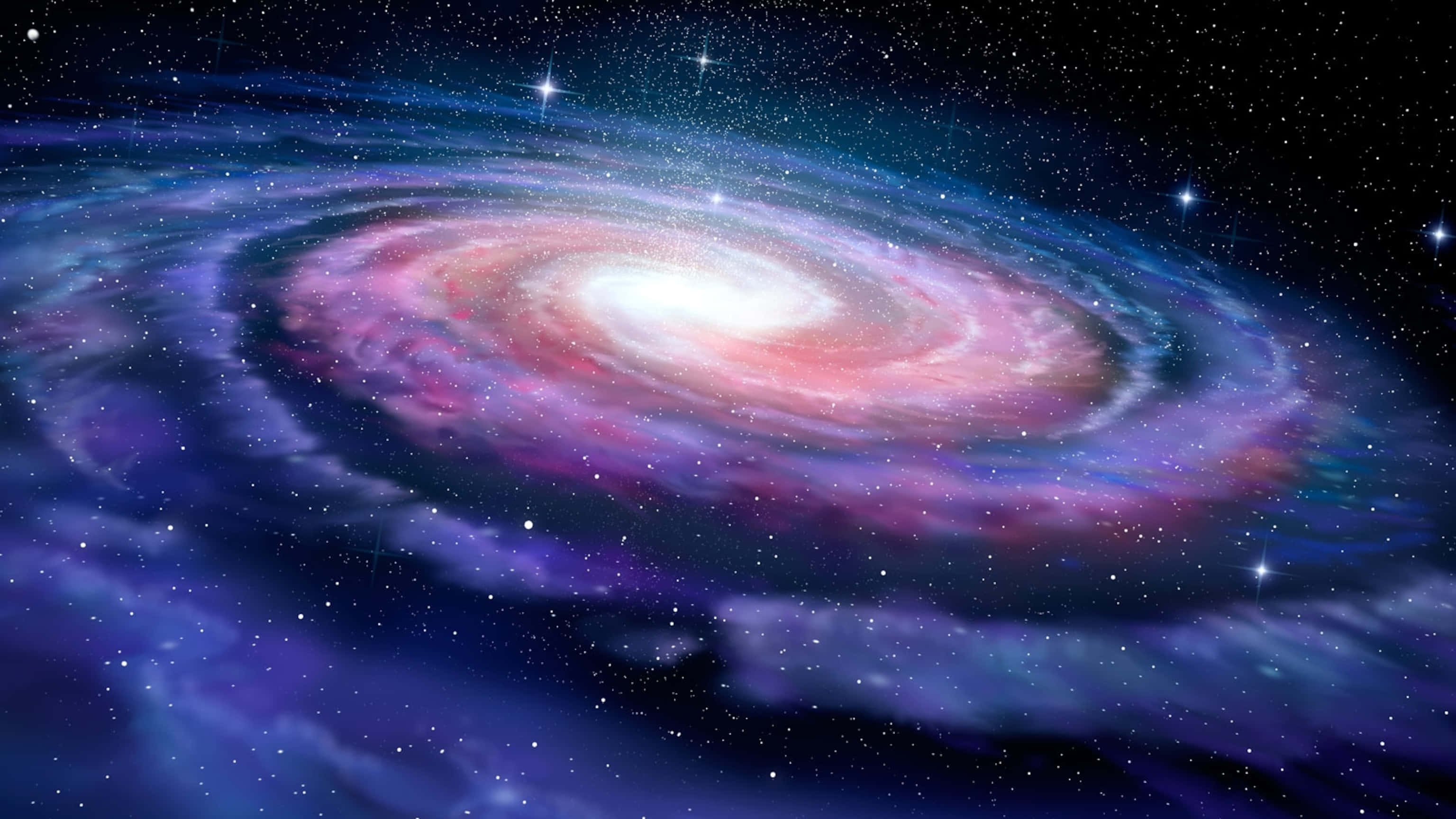 You Are Here Galaxy, spiral galaxy, pink purple and blue nebulae, 2K Desktop Wallpaper