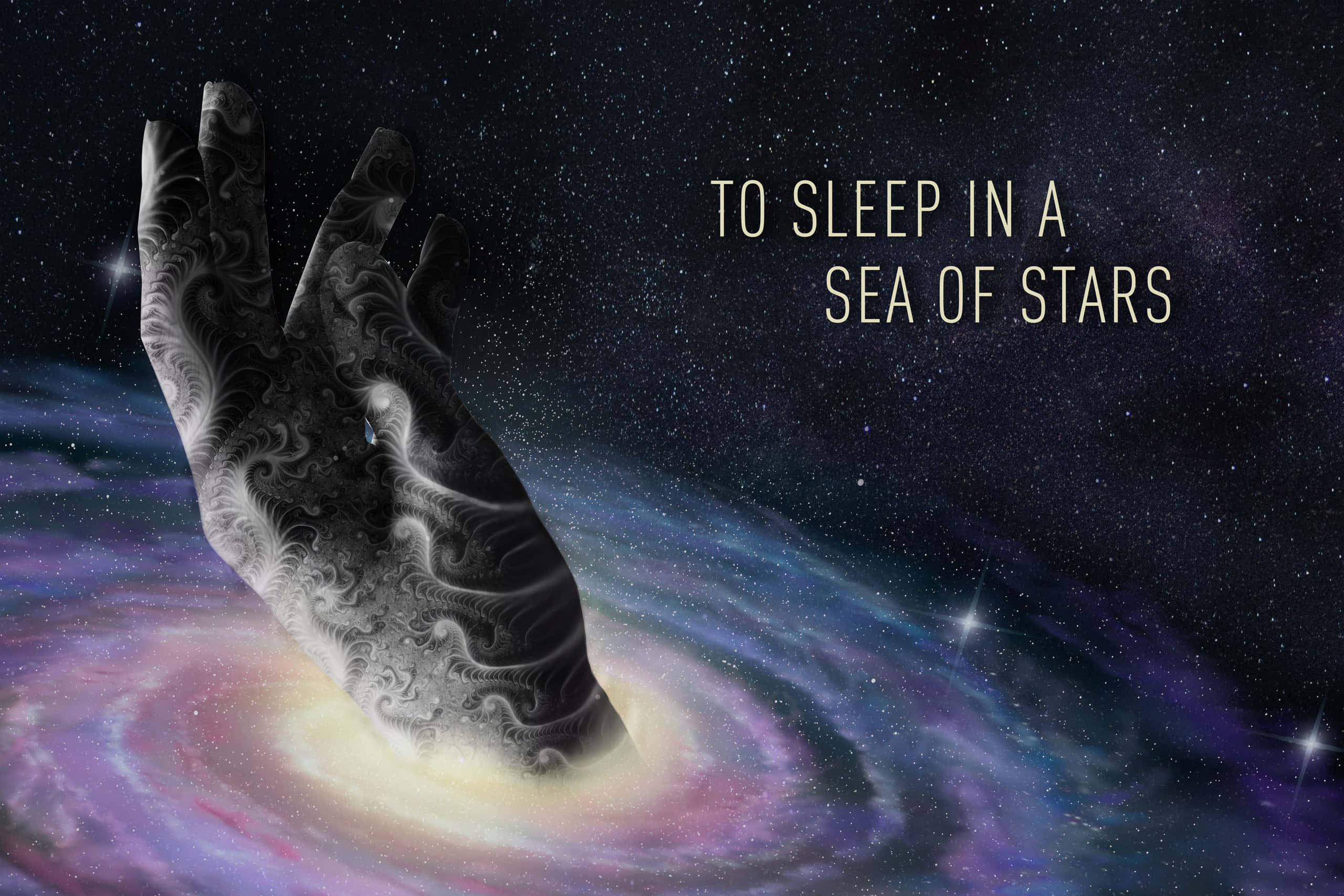 You Are Here Galaxy, fractal-patterned hand, swirling galaxy, 2K Desktop Wallpaper