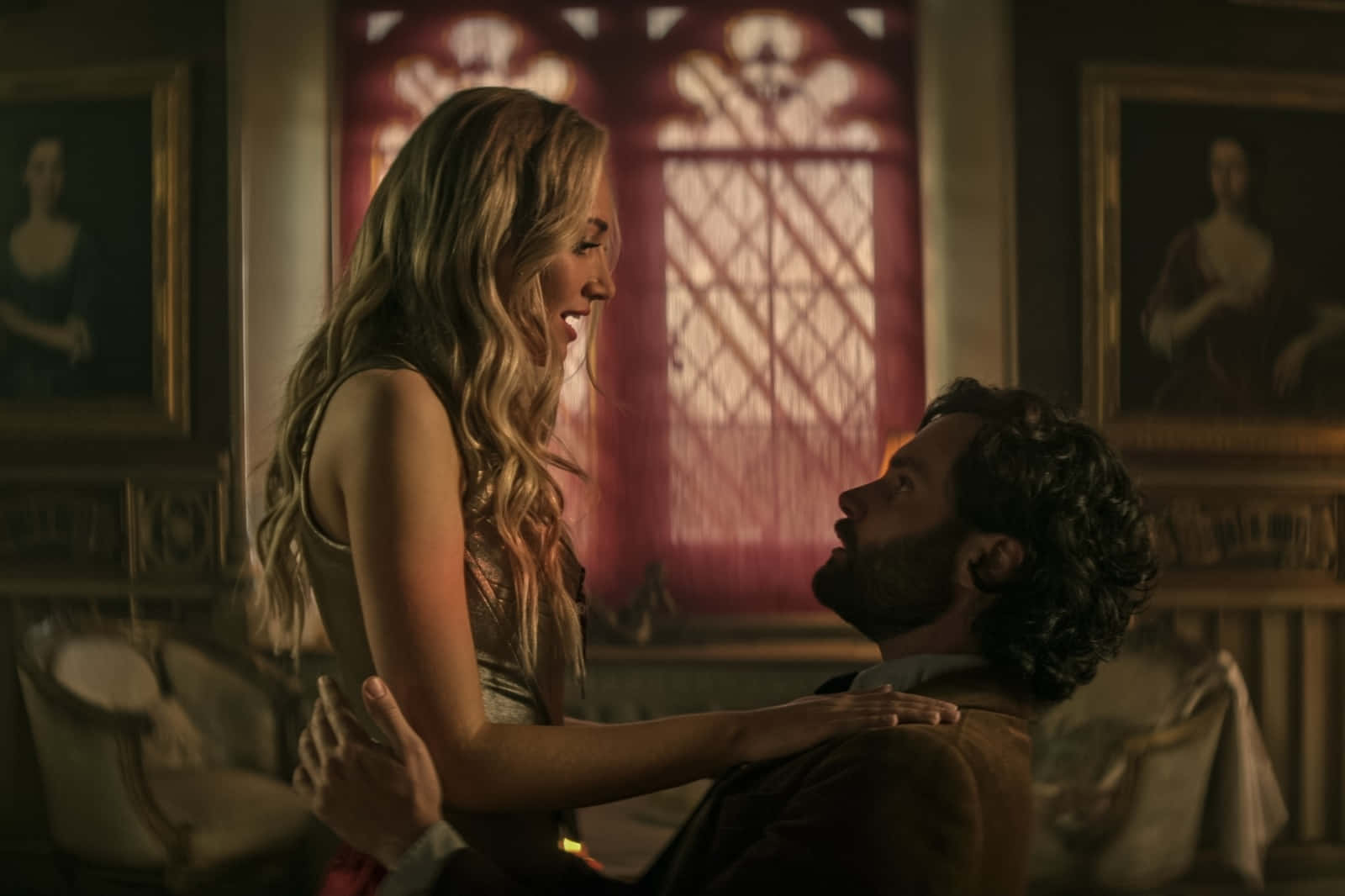 You Season 4, long blonde hair, dimly lit ornate room, HD Desktop Wallpaper