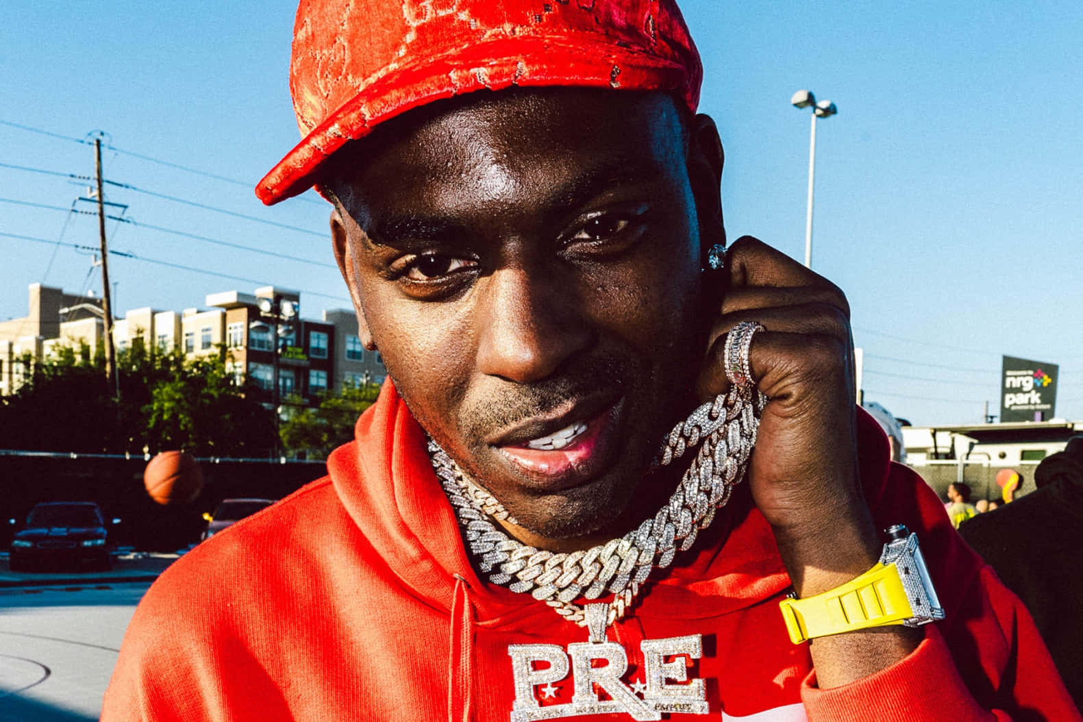 Young Dolph, red hoodie, cap, HD Desktop Wallpaper