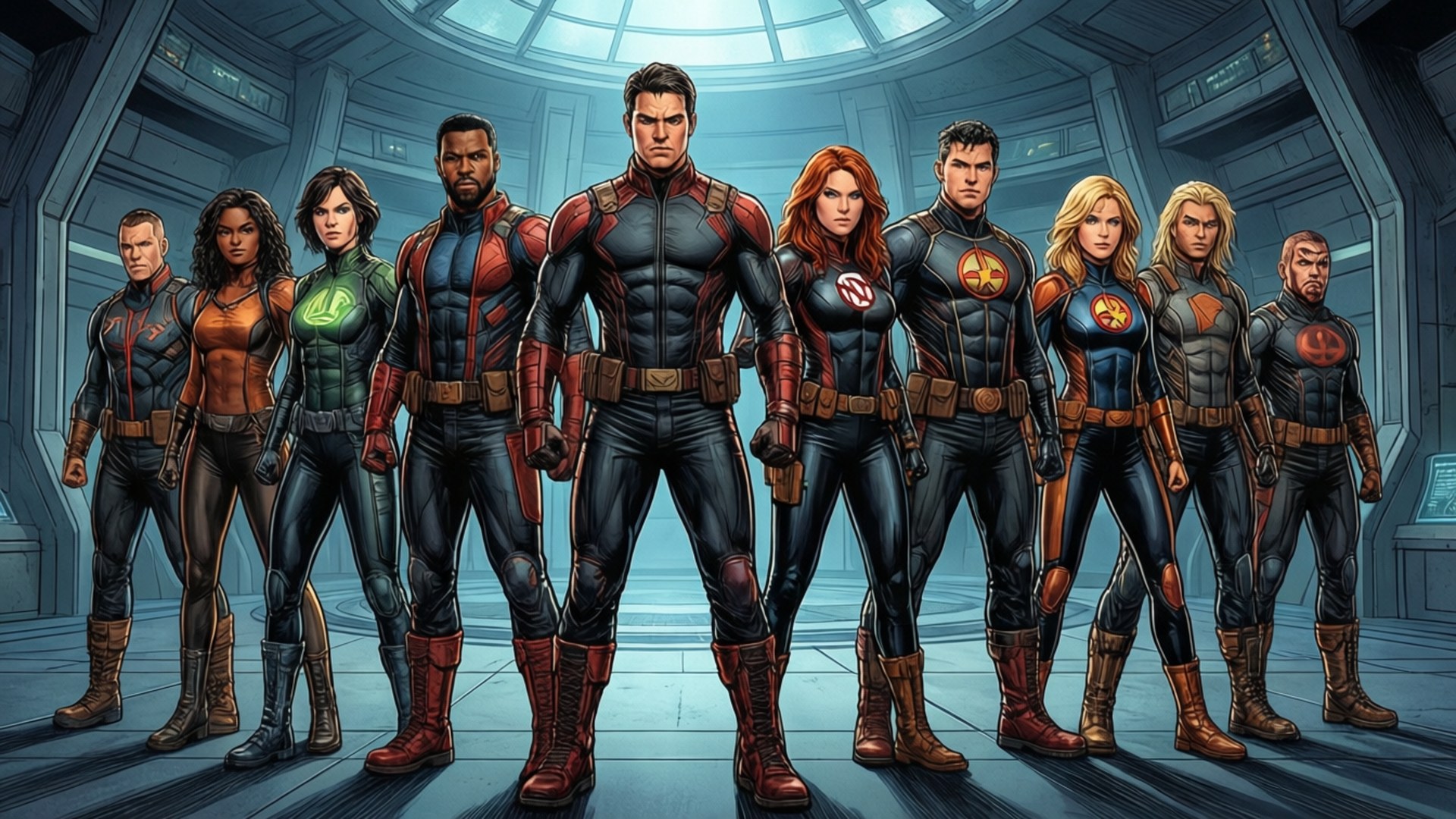Young Justice, dark blue and red suits, futuristic spaceship corridor, Full HD Desktop Wallpaper