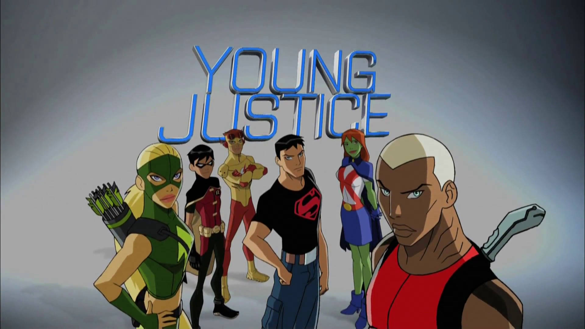 Young Justice, glowing blue title, gradient gray background, Full HD Desktop Wallpaper
