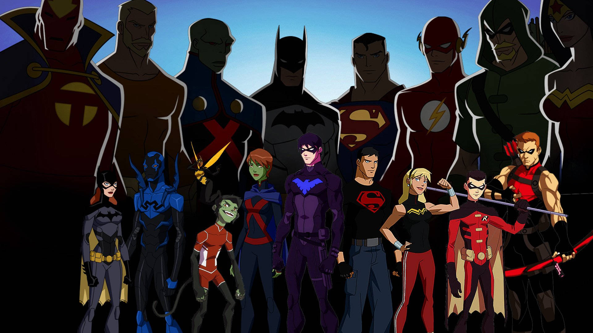 Young Justice, superhero team, dark gradient sky, Full HD Desktop Wallpaper