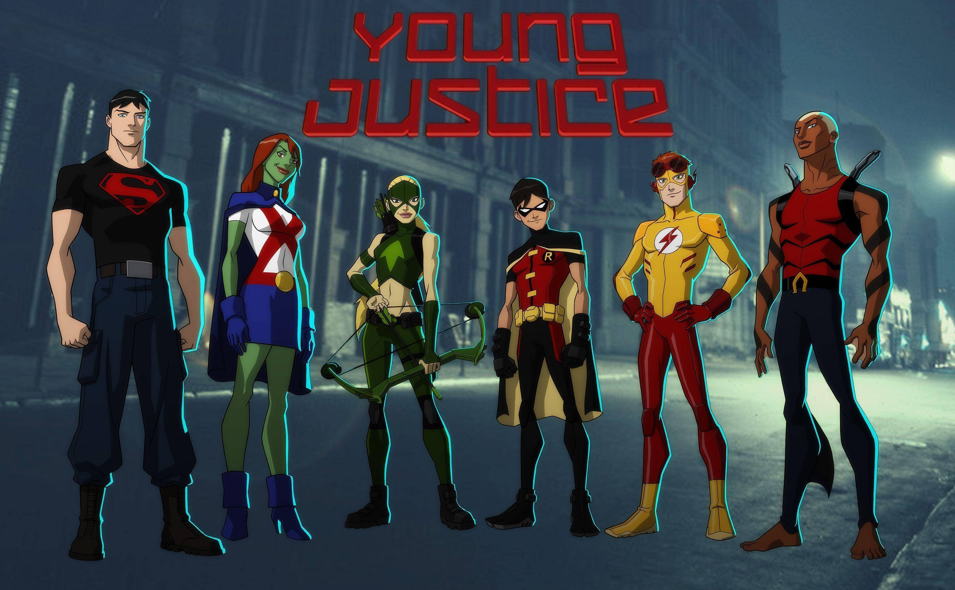 Young Justice, main cast, neon signs, 2K Desktop Wallpaper