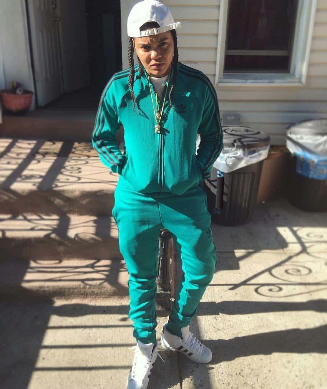 Young Ma, teal Adidas tracksuit, white cap, HD Phone Wallpaper