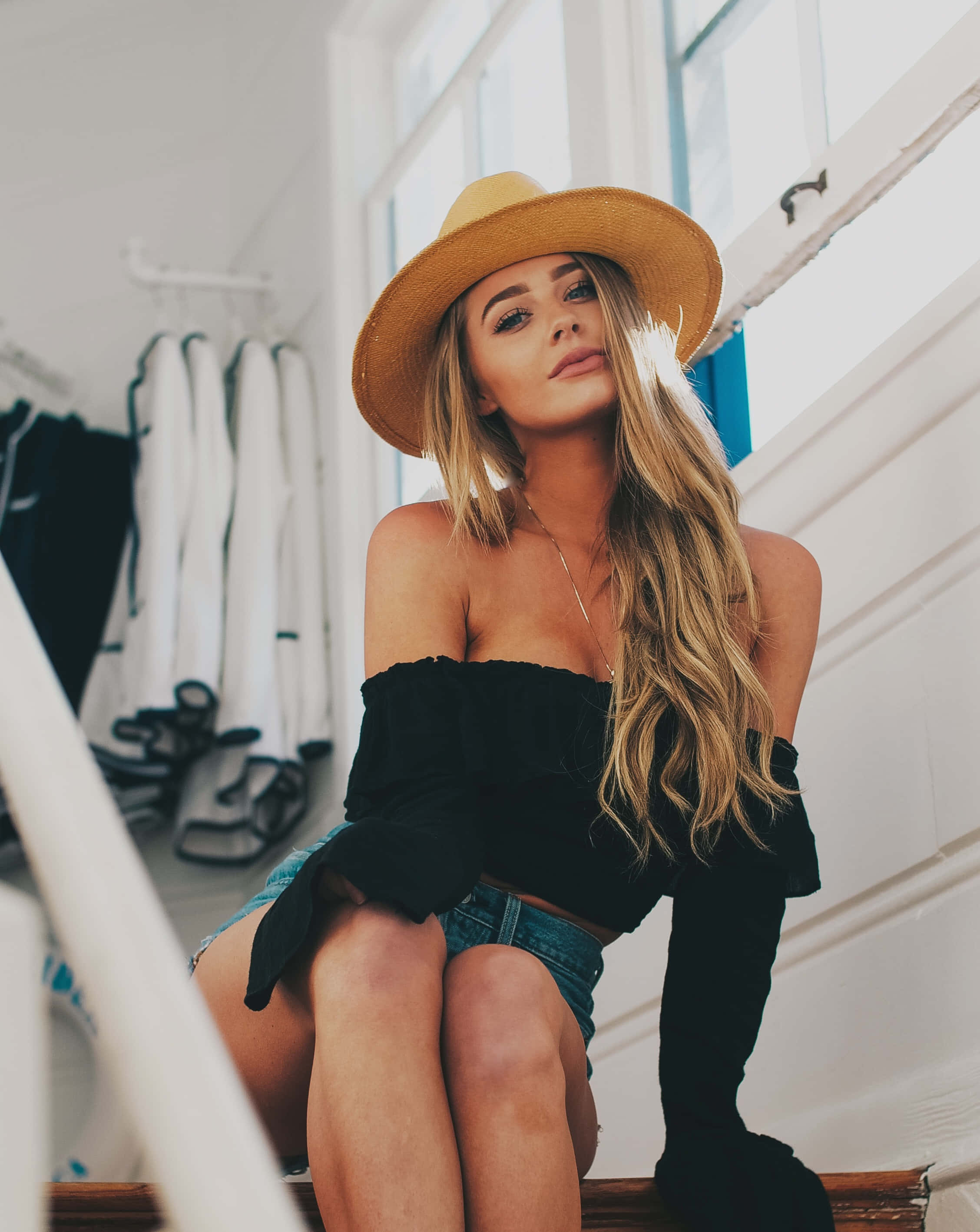 straw hat, black off-shoulder top, long blonde hair, 2K Phone Wallpaper