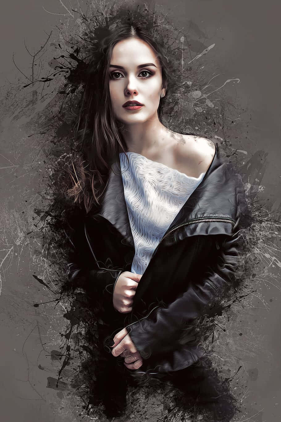 black leather jacket, dark ink splatters, gray background, HD Phone Wallpaper