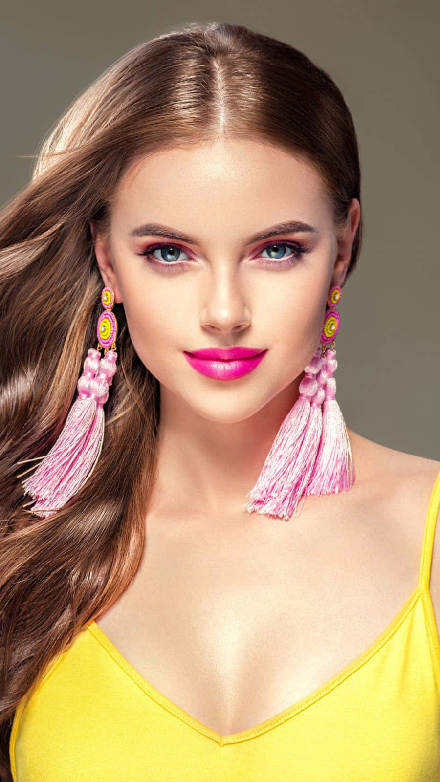 young female model, yellow top, long brown hair, HD Phone Wallpaper