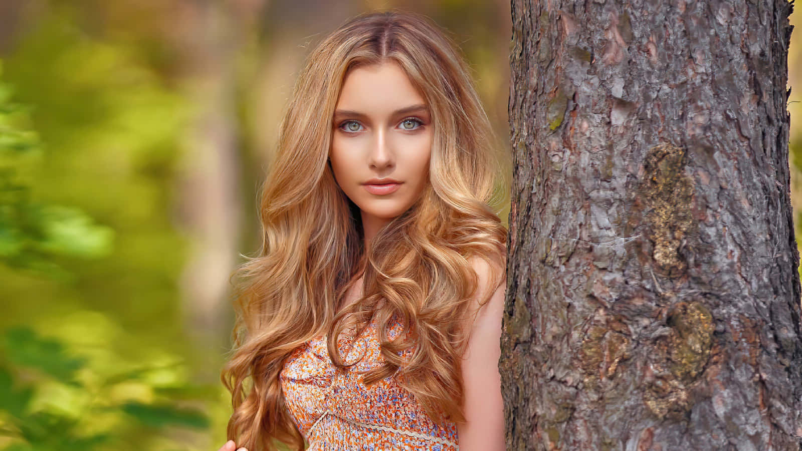 young female model, long wavy blonde hair, textured pine tree, HD Desktop Wallpaper