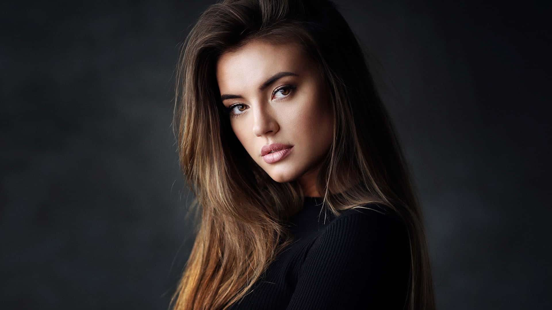 young female model, black outfit, long brown hair, Full HD Desktop Wallpaper