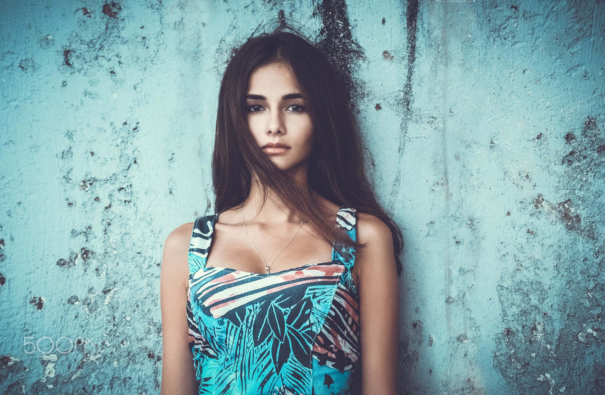 young female model, blue dress, tropical patterned top, Full HD Desktop Wallpaper