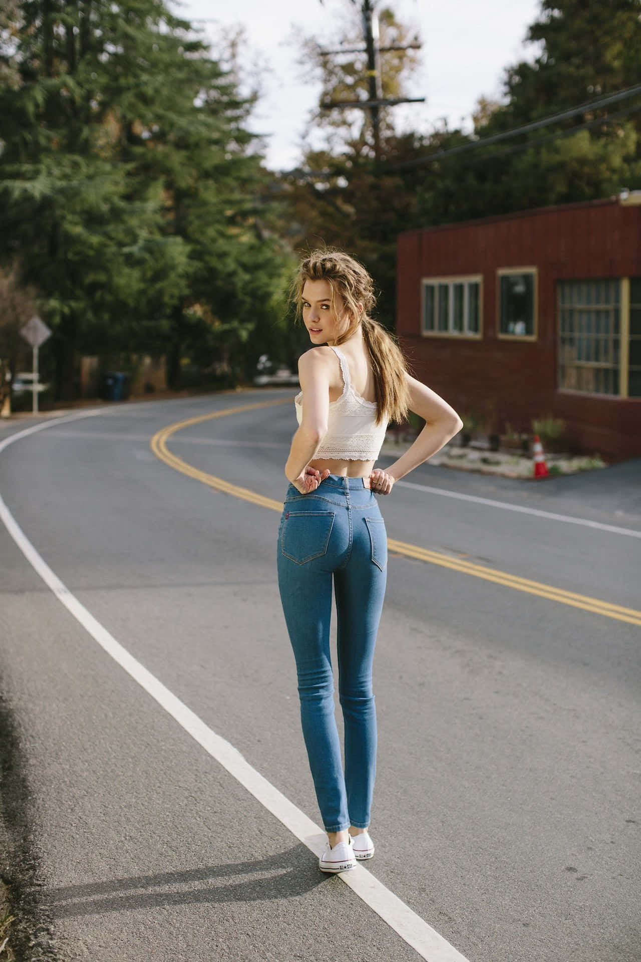 slender teen girl model, blue jeans, white top, Full HD Phone Wallpaper