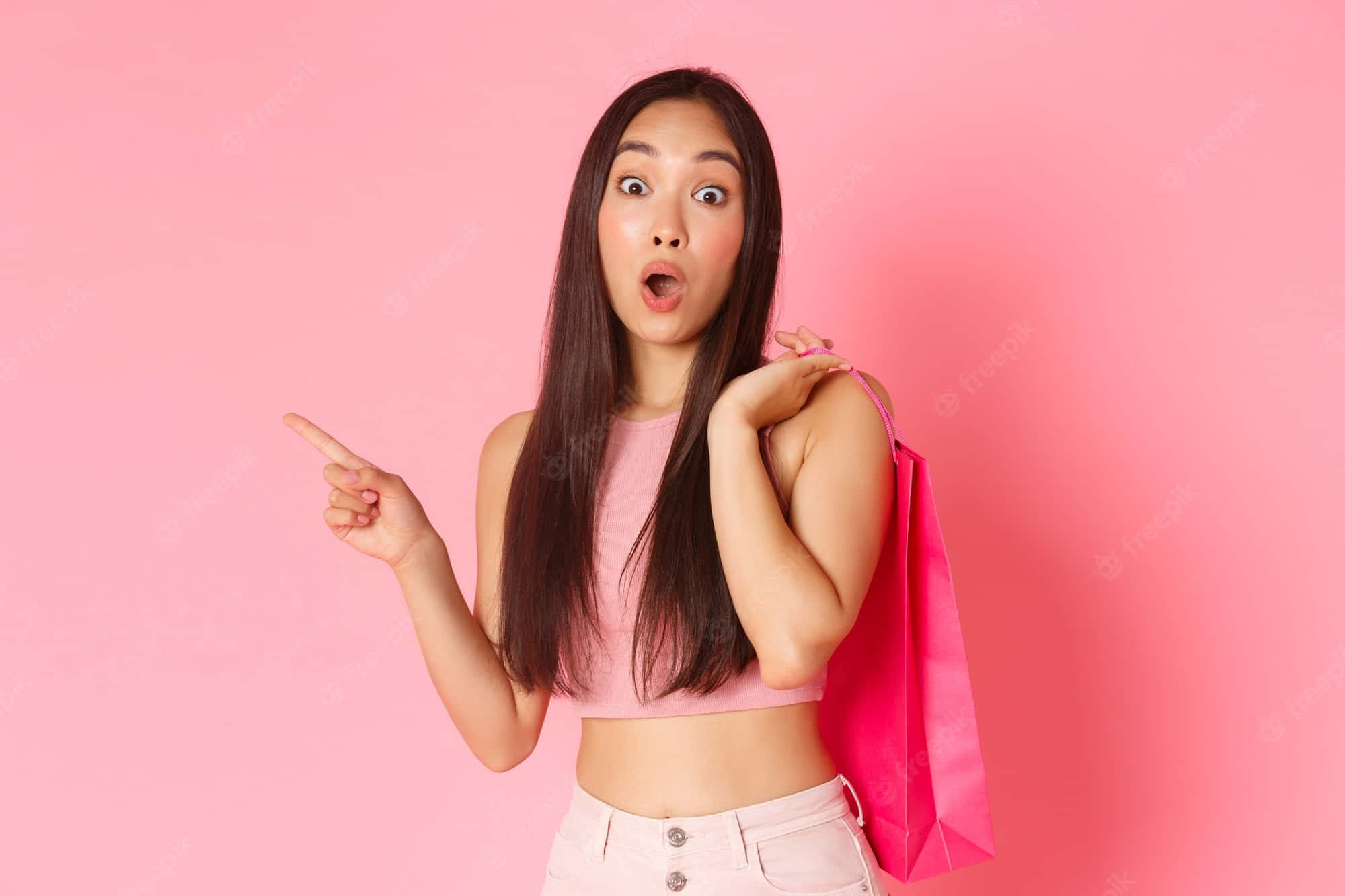 young model, pink shopping bag, solid pink background, Full HD Desktop Wallpaper