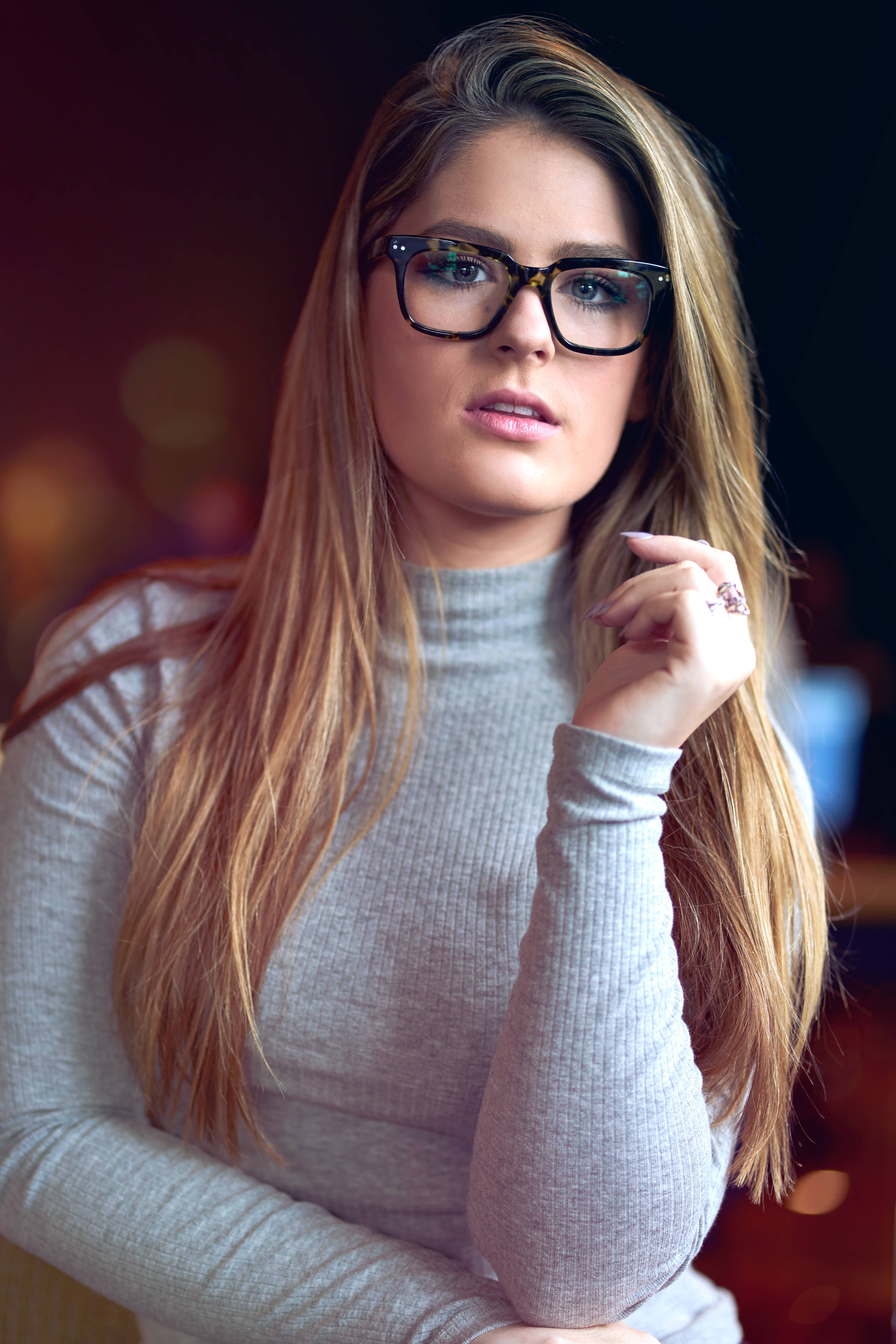 young woman, long blonde hair, tortoiseshell glasses, 5K Phone Wallpaper