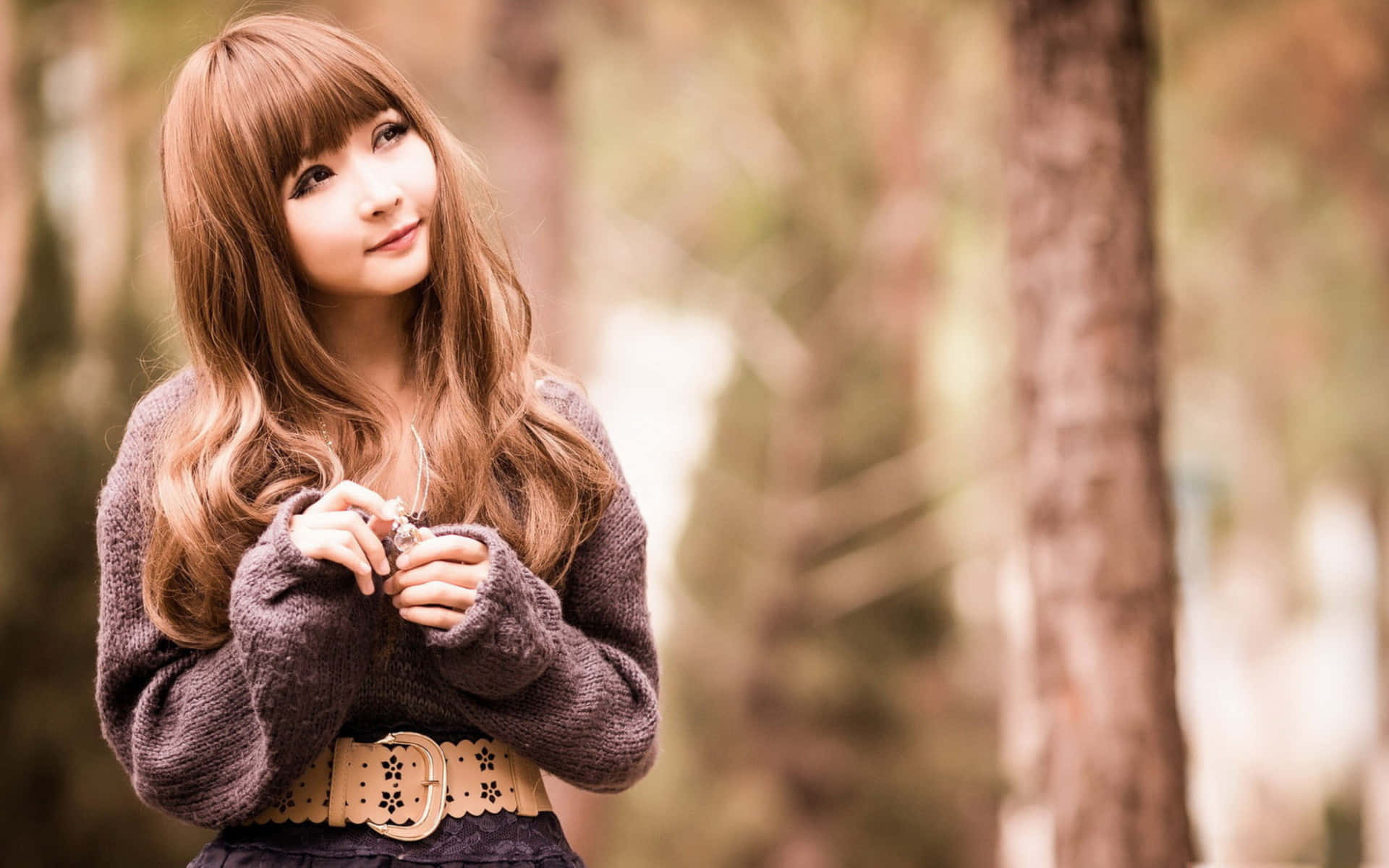 teen girl model cosplayer, long brown hair, cozy brown sweater, Full HD Desktop Wallpaper
