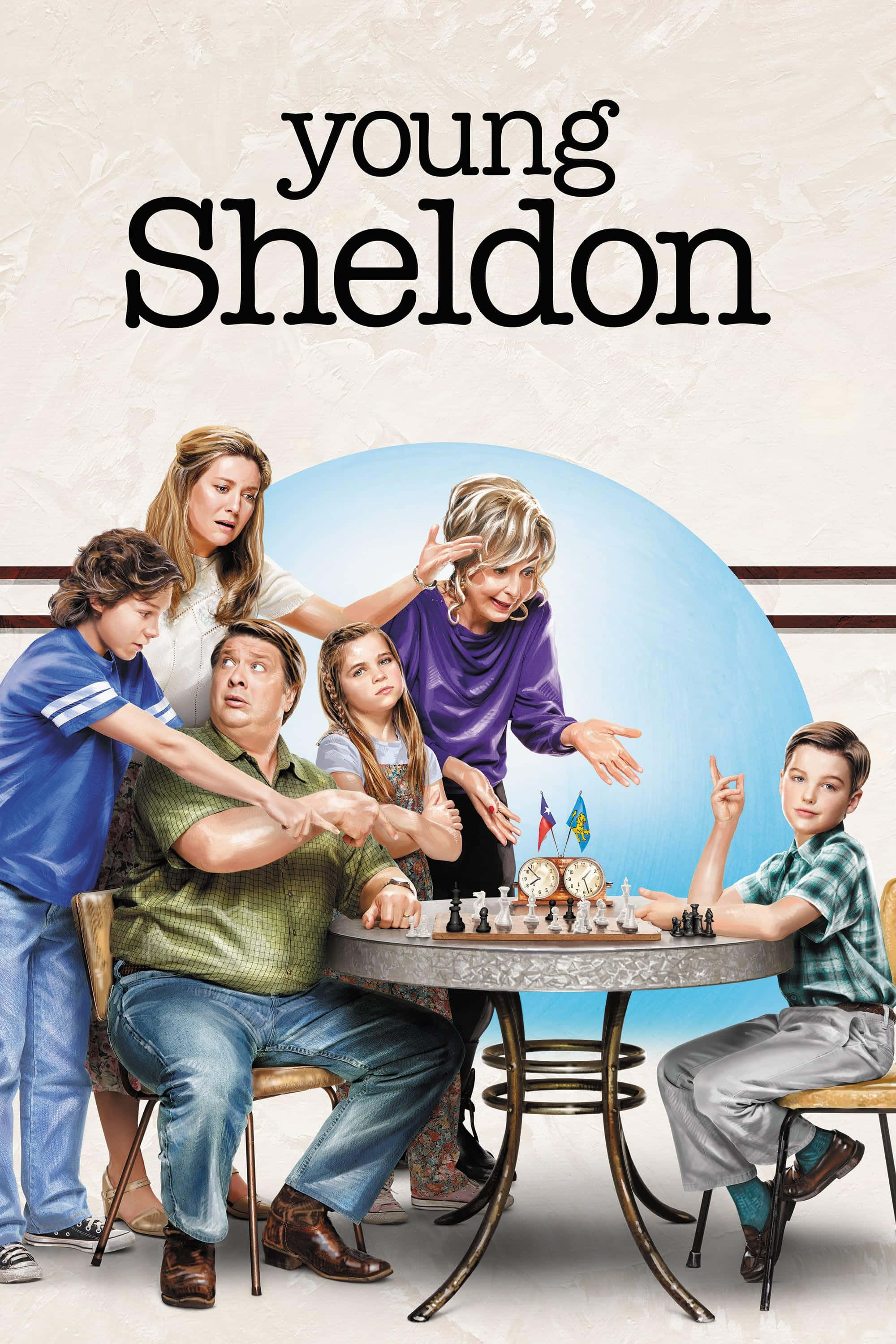 Young Sheldon, chess table, blue circular backdrop, 2K Phone Wallpaper